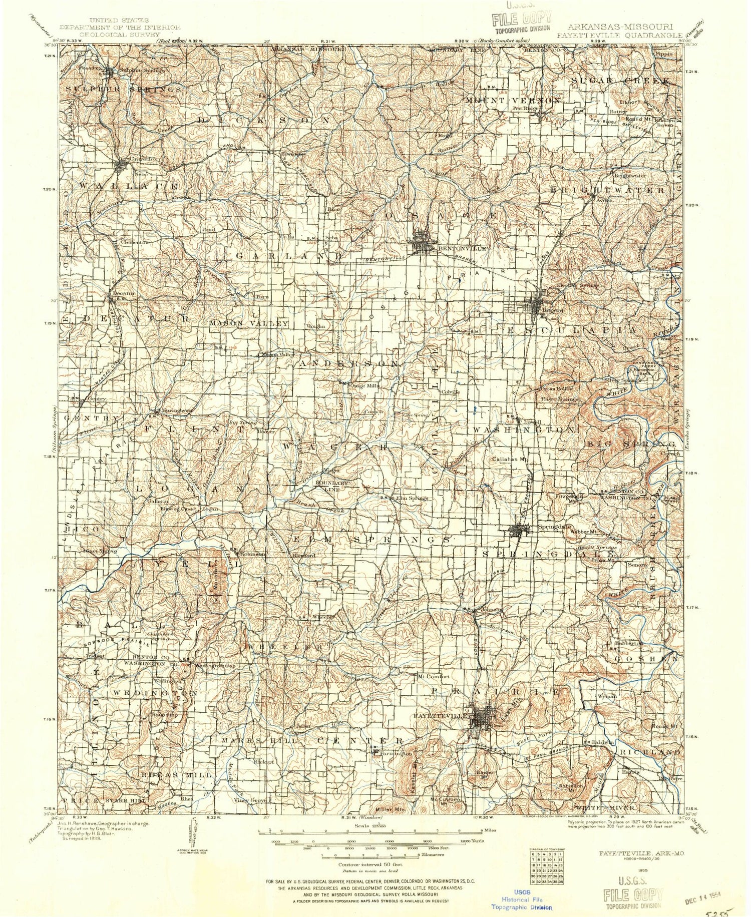 Historic 1899 Fayetteville Arkansas 30'x30' Topo Map Image