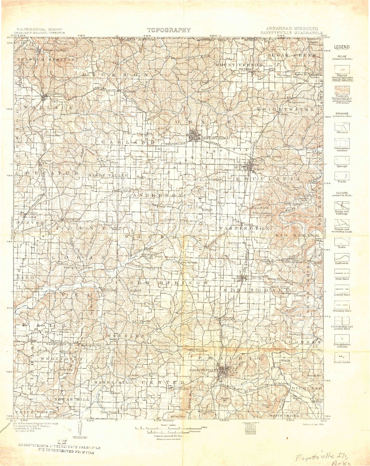 Historic 1904 Fayetteville Arkansas 30'x30' Topo Map Image