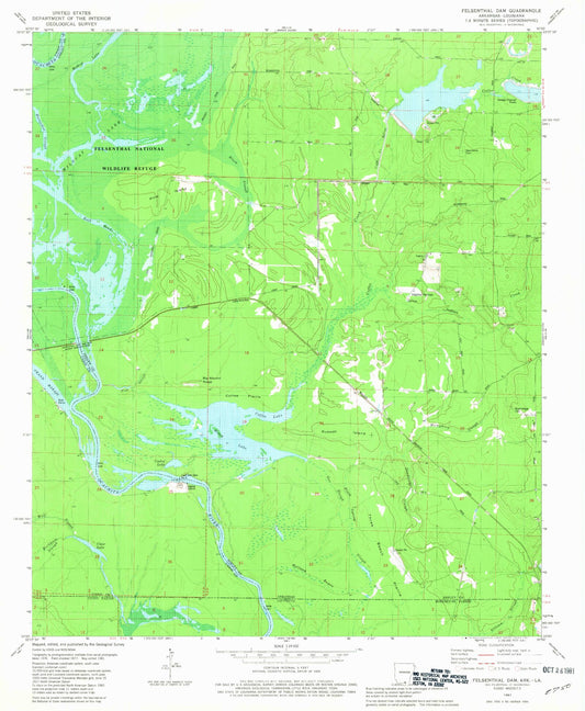 Classic USGS Felsenthal Dam Arkansas 7.5'x7.5' Topo Map Image