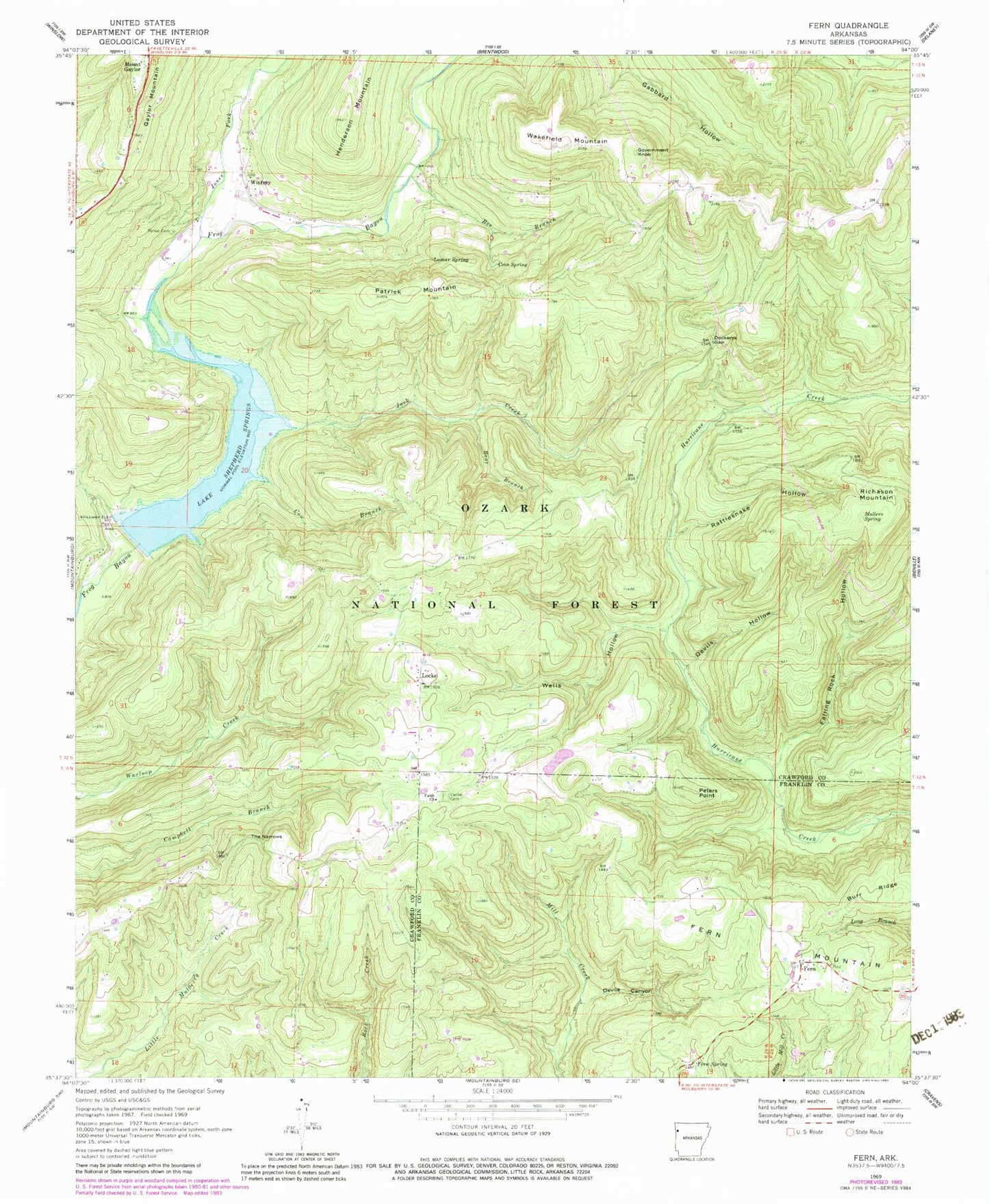 Classic USGS Fern Arkansas 7.5'x7.5' Topo Map Image