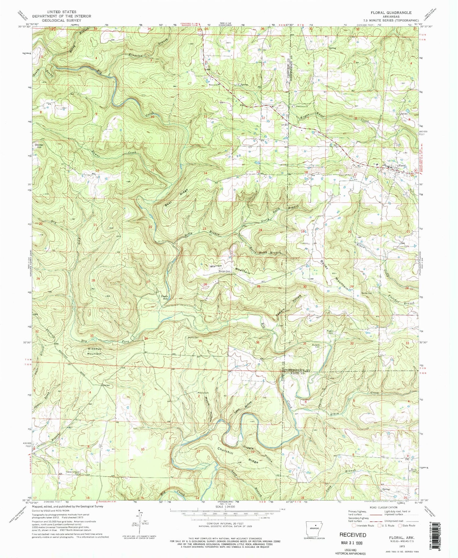 Classic USGS Floral Arkansas 7.5'x7.5' Topo Map Image