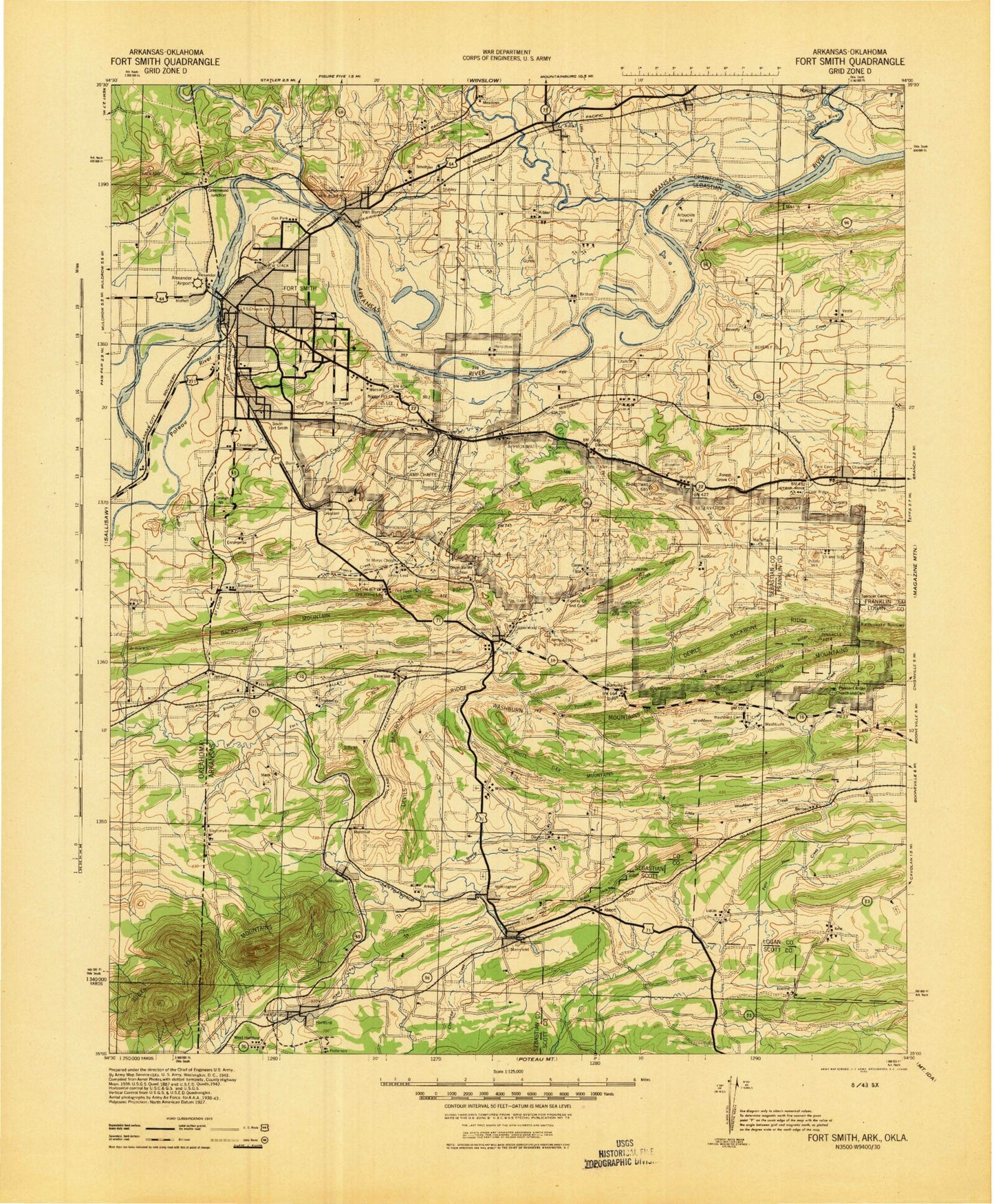 Historic 1943 Fort Smith Arkansas 30'x30' Topo Map Image