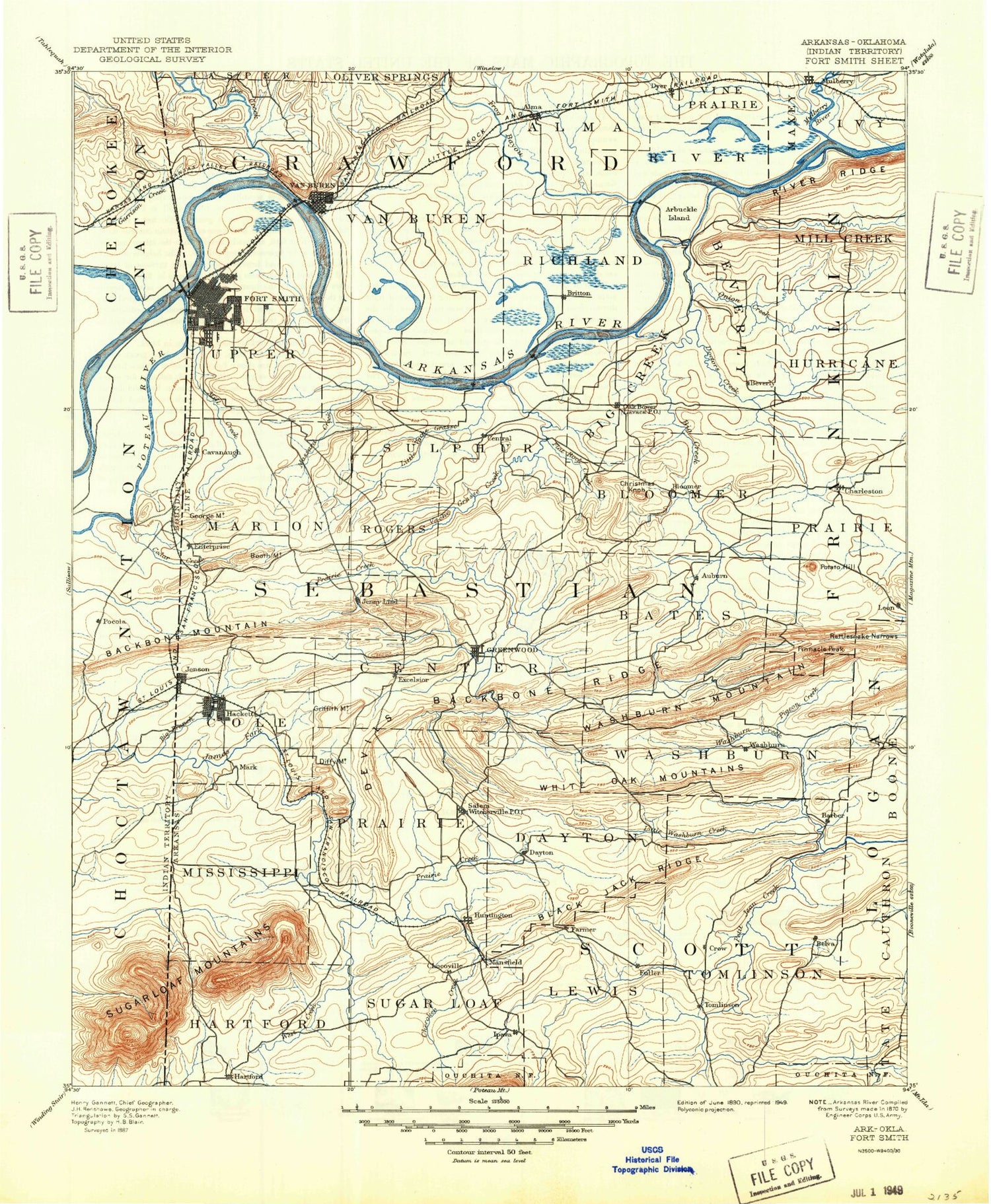Historic 1890 Fort Smith Arkansas 30'x30' Topo Map Image