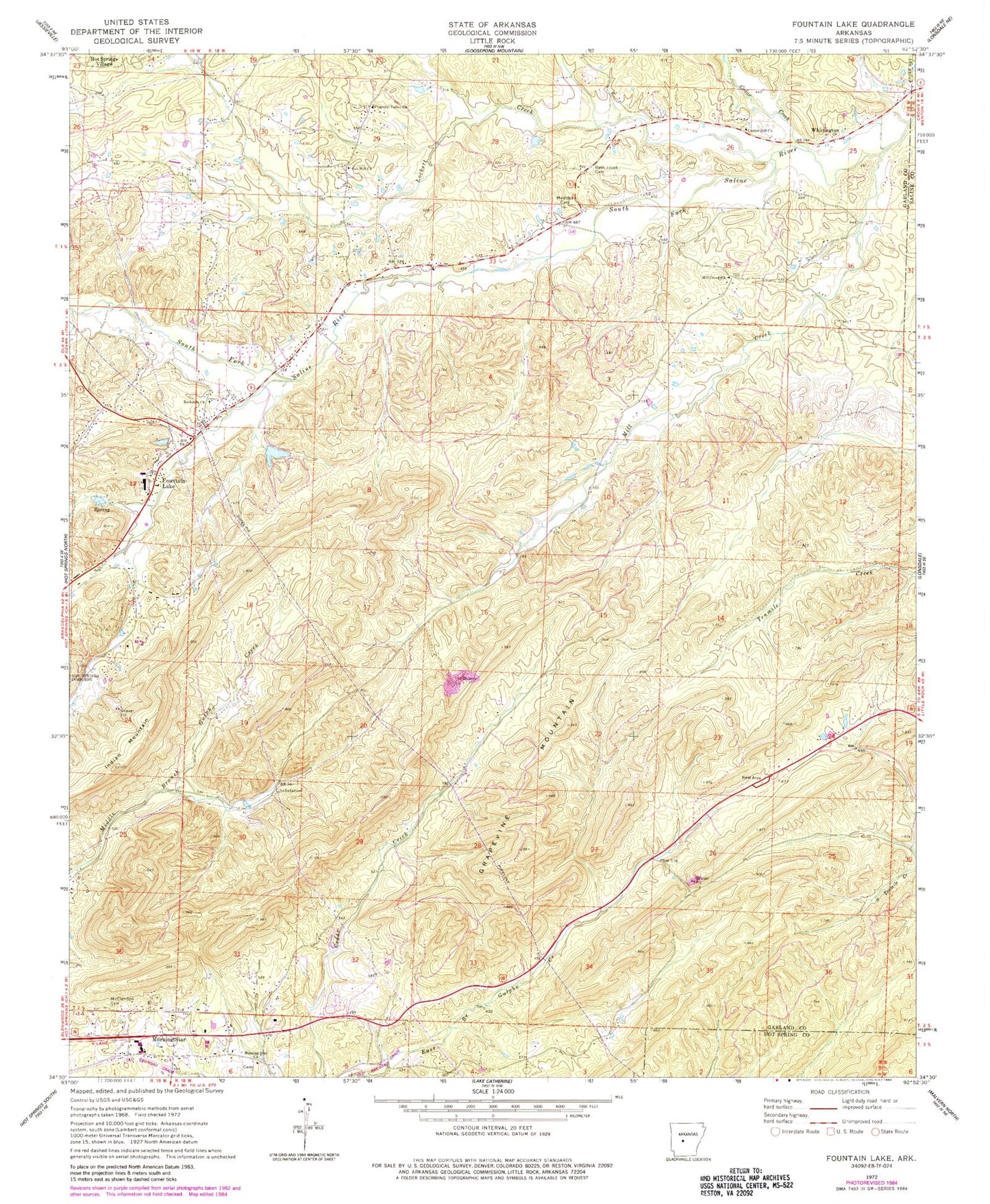 Classic USGS Fountain Lake Arkansas 7.5'x7.5' Topo Map Image