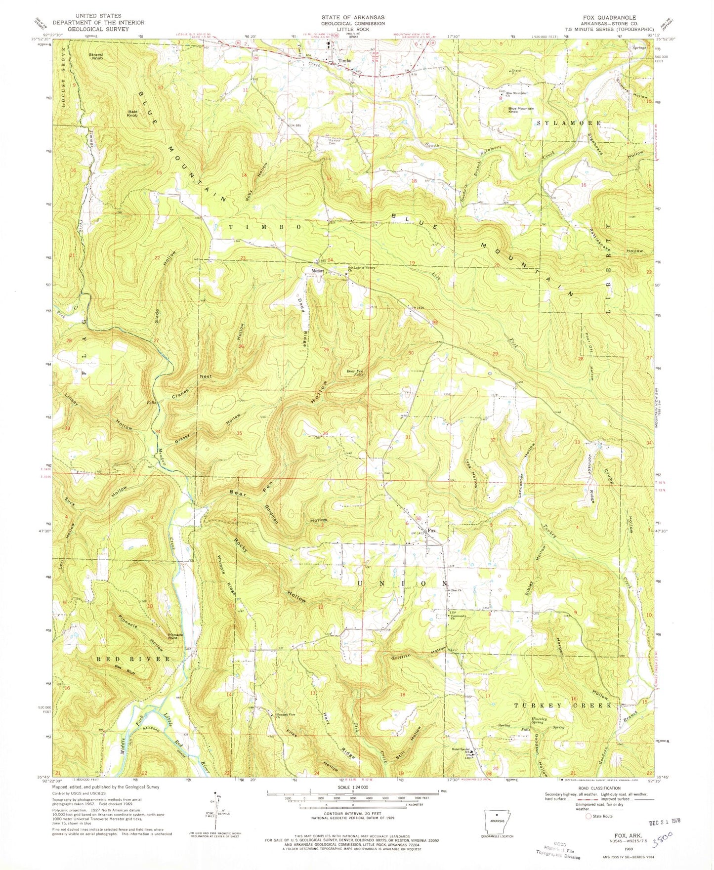 Classic USGS Fox Arkansas 7.5'x7.5' Topo Map Image