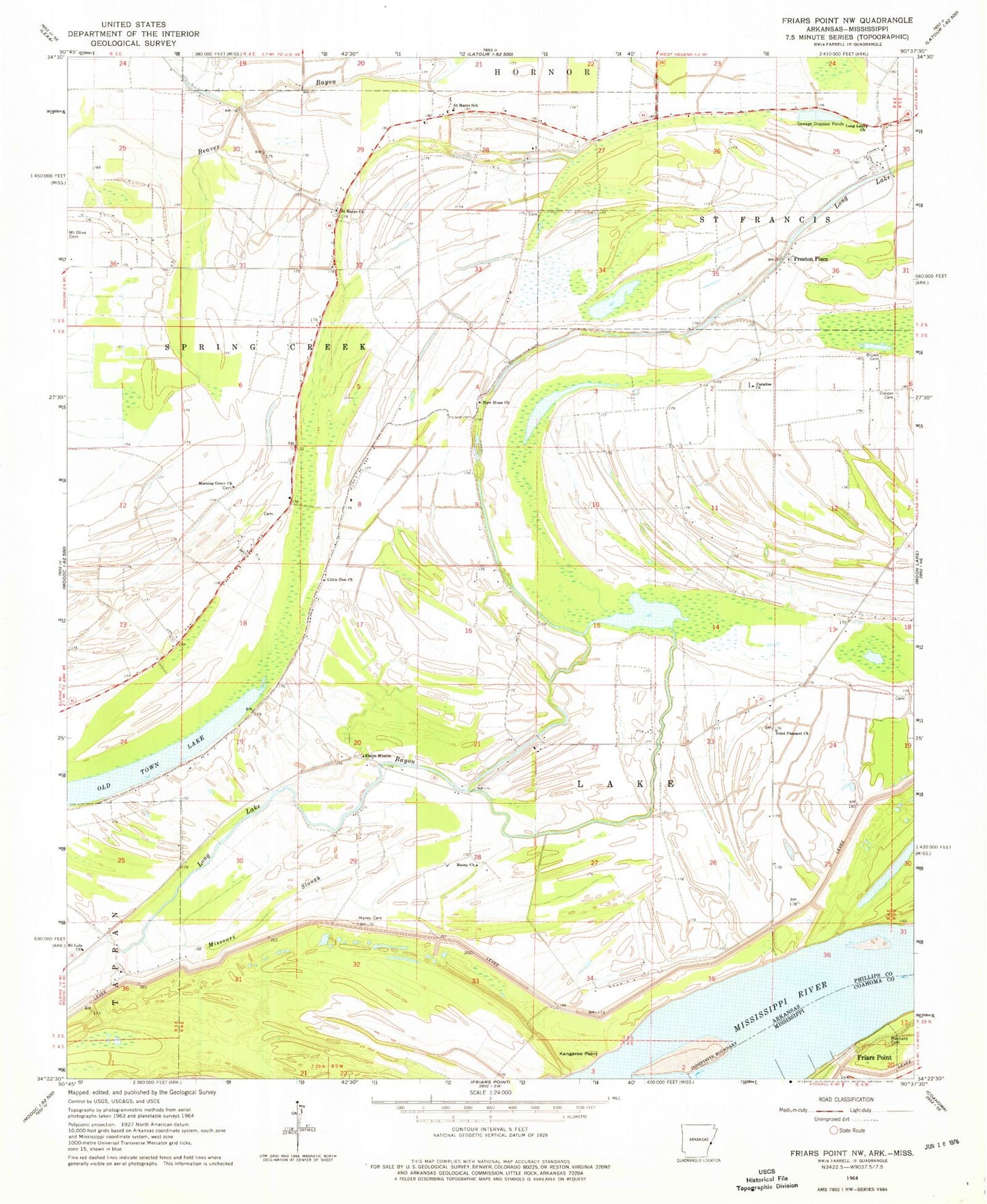 Classic USGS Friars Point NW Mississippi 7.5'x7.5' Topo Map Image