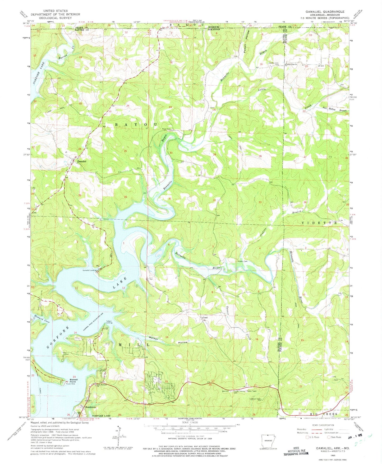 Classic USGS Gamaliel Arkansas 7.5'x7.5' Topo Map Image