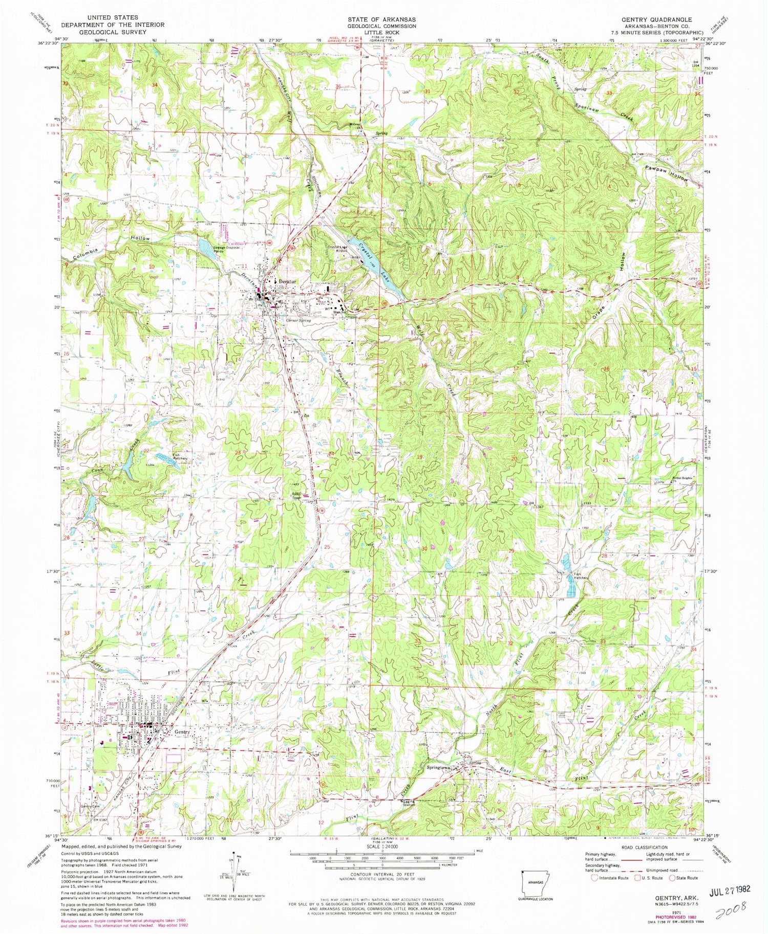 Classic USGS Gentry Arkansas 7.5'x7.5' Topo Map Image