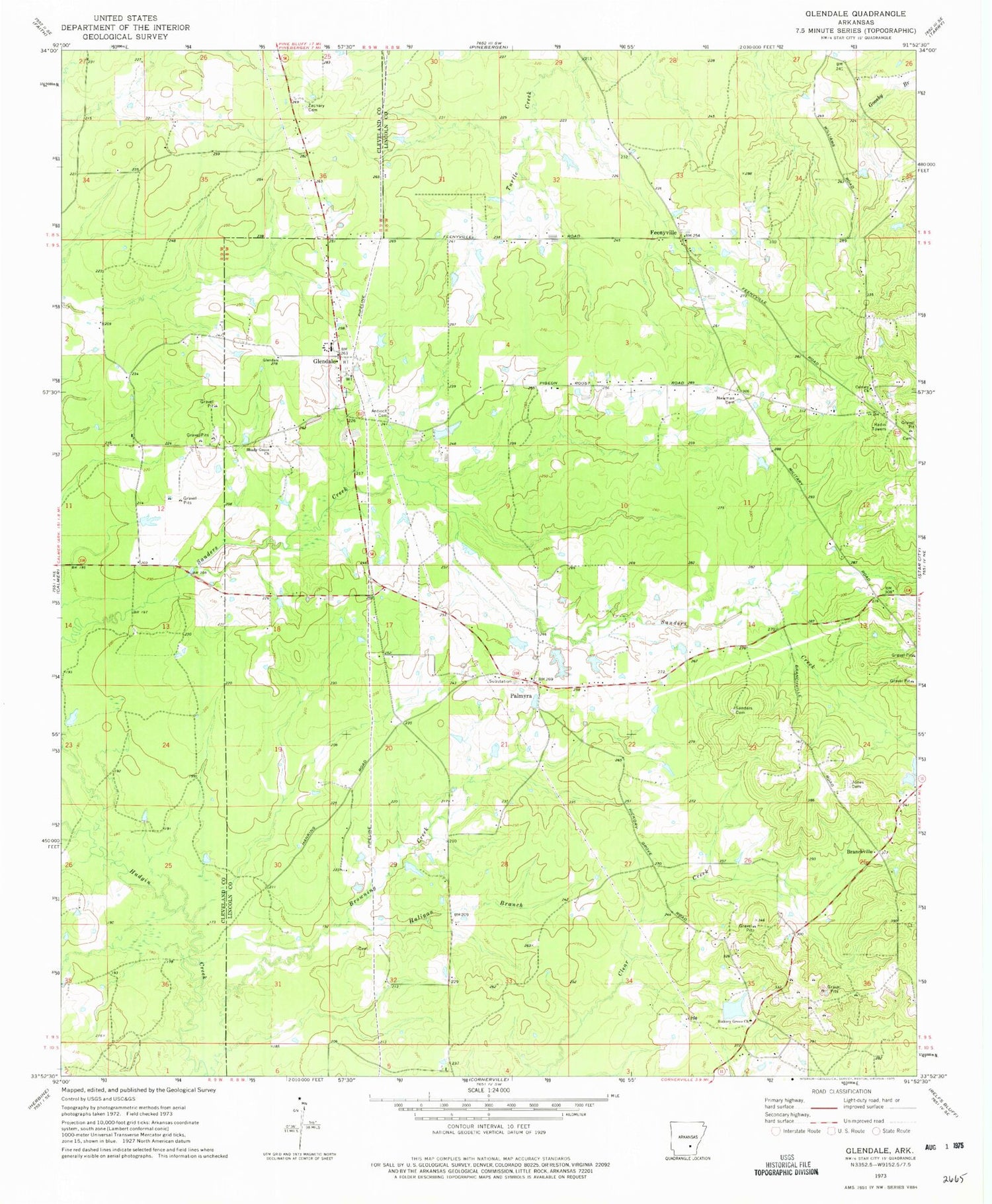 Classic USGS Glendale Arkansas 7.5'x7.5' Topo Map Image