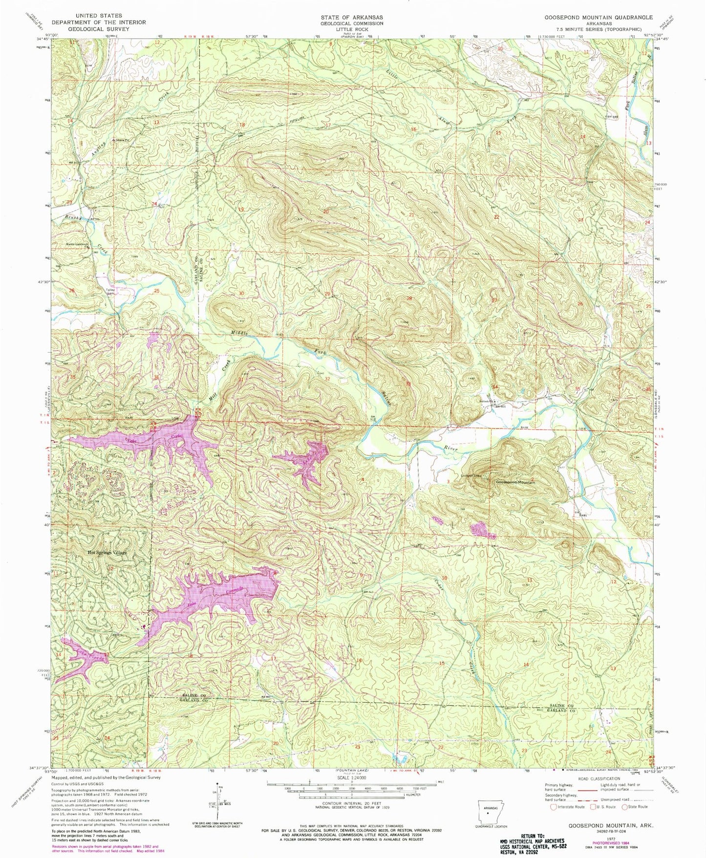 Classic USGS Goosepond Mountain Arkansas 7.5'x7.5' Topo Map Image