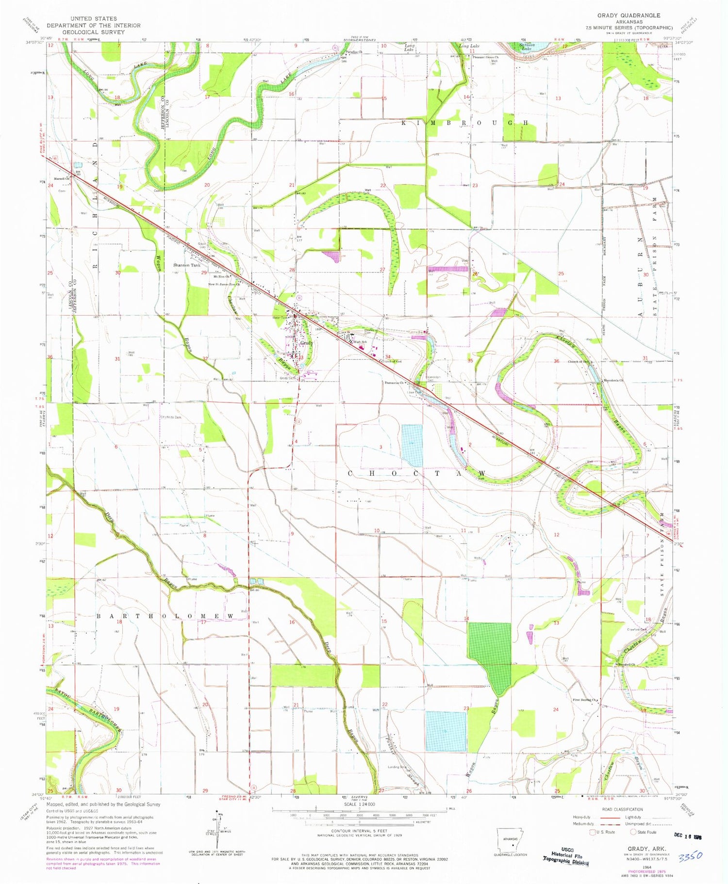 Classic USGS Grady Arkansas 7.5'x7.5' Topo Map Image