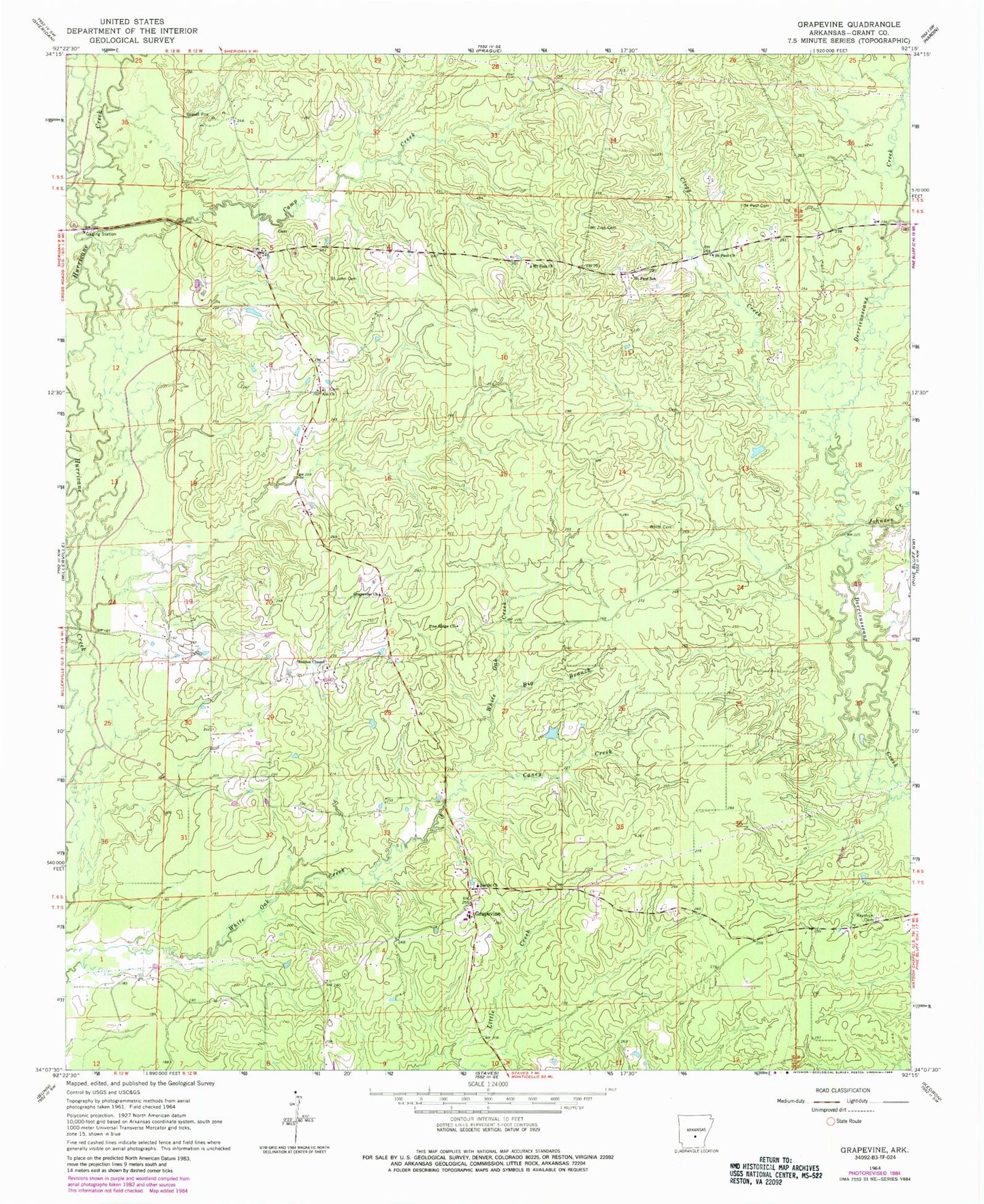 Classic USGS Grapevine Arkansas 7.5'x7.5' Topo Map Image