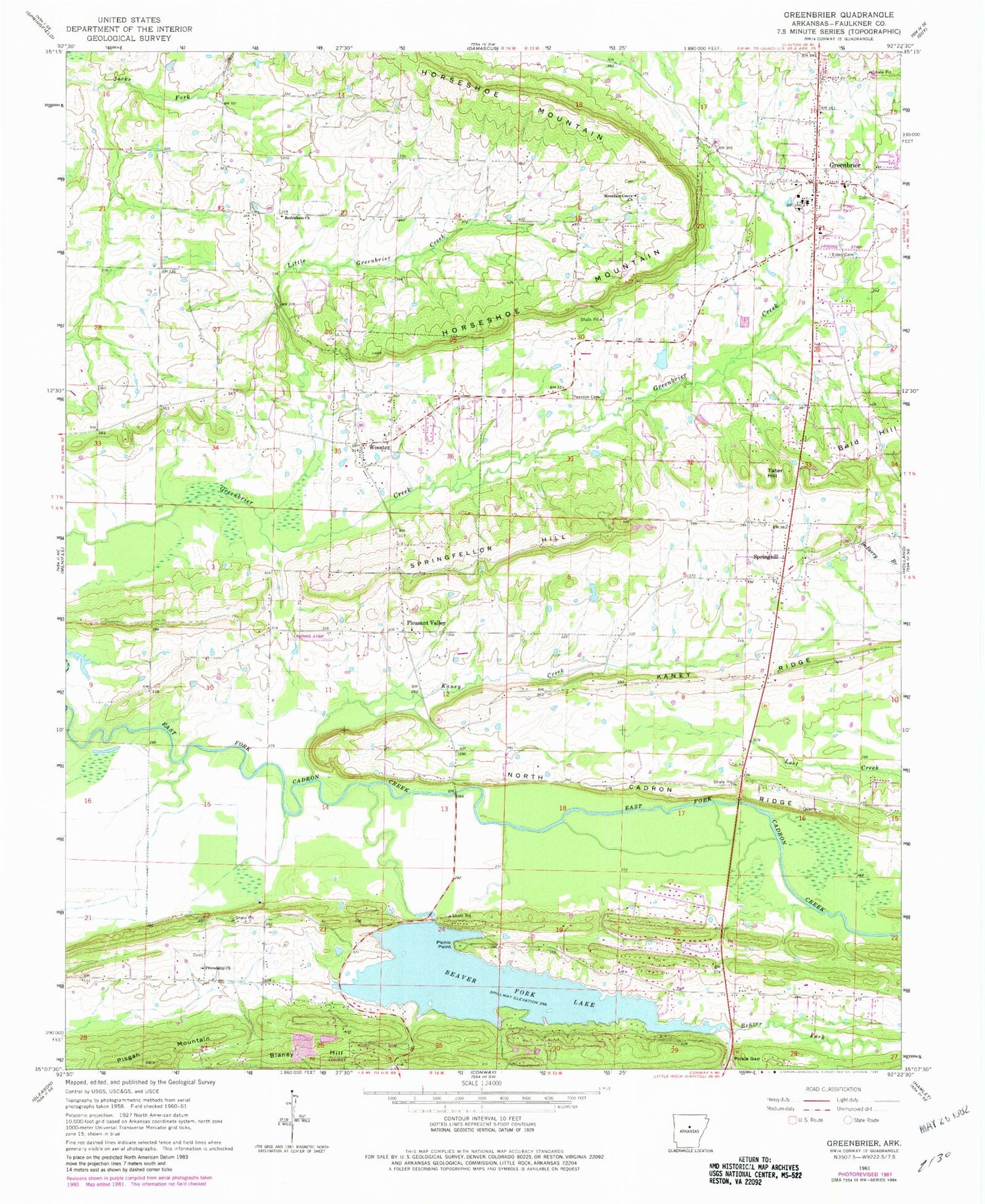 Classic USGS Greenbrier Arkansas 7.5'x7.5' Topo Map Image
