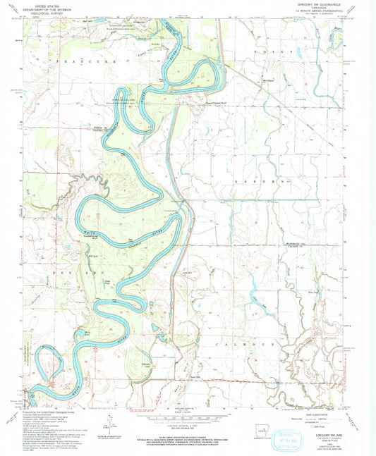 Classic USGS Gregory SW Arkansas 7.5'x7.5' Topo Map Image