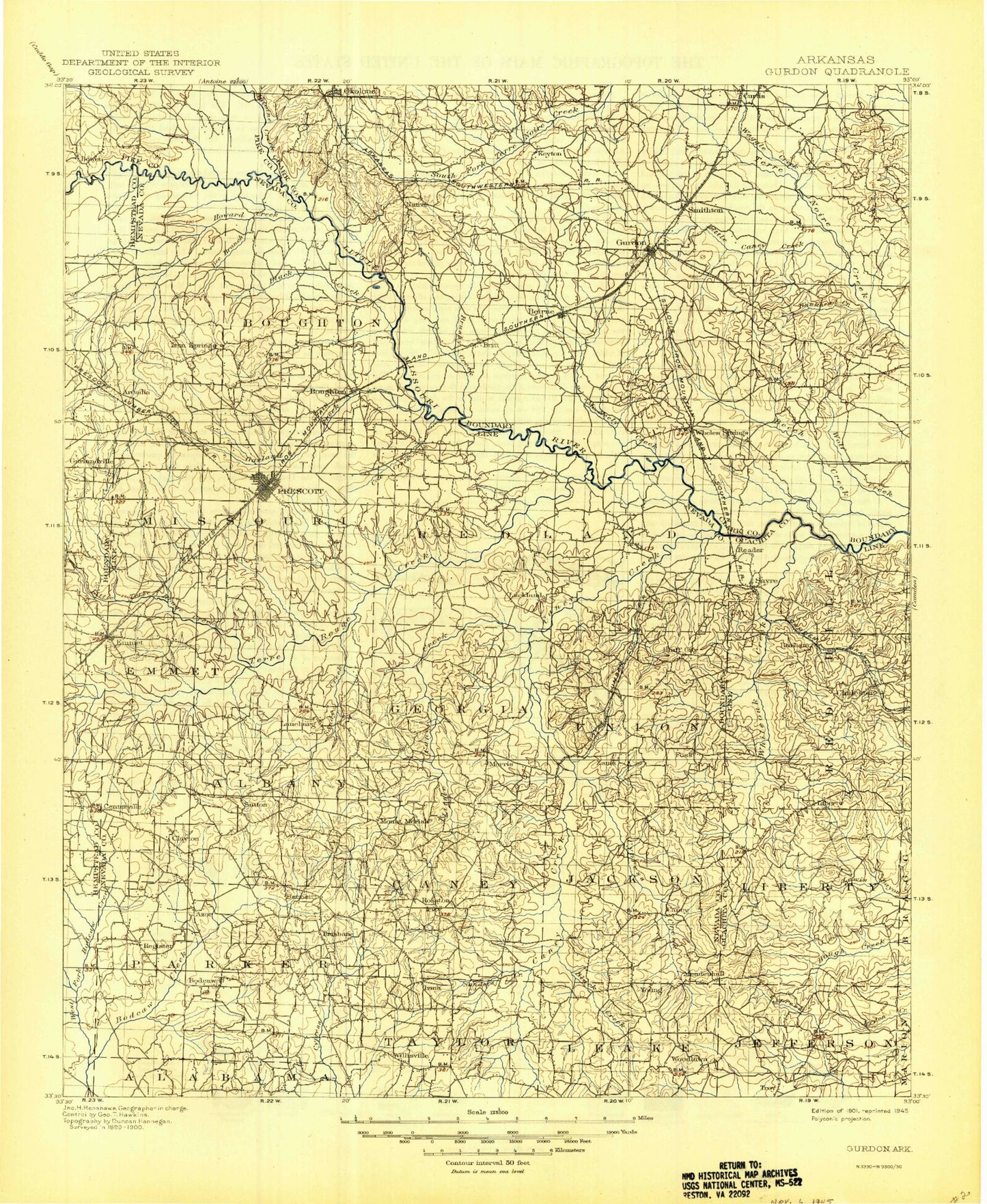 Historic 1901 Gurdon Arkansas 30'x30' Topo Map Image