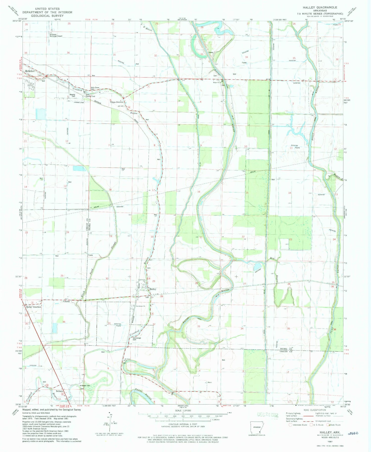 Classic USGS Halley Arkansas 7.5'x7.5' Topo Map Image
