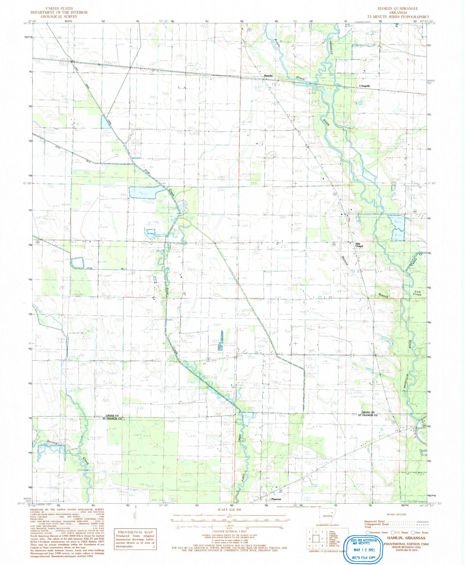 Classic USGS Hamlin Arkansas 7.5'x7.5' Topo Map Image