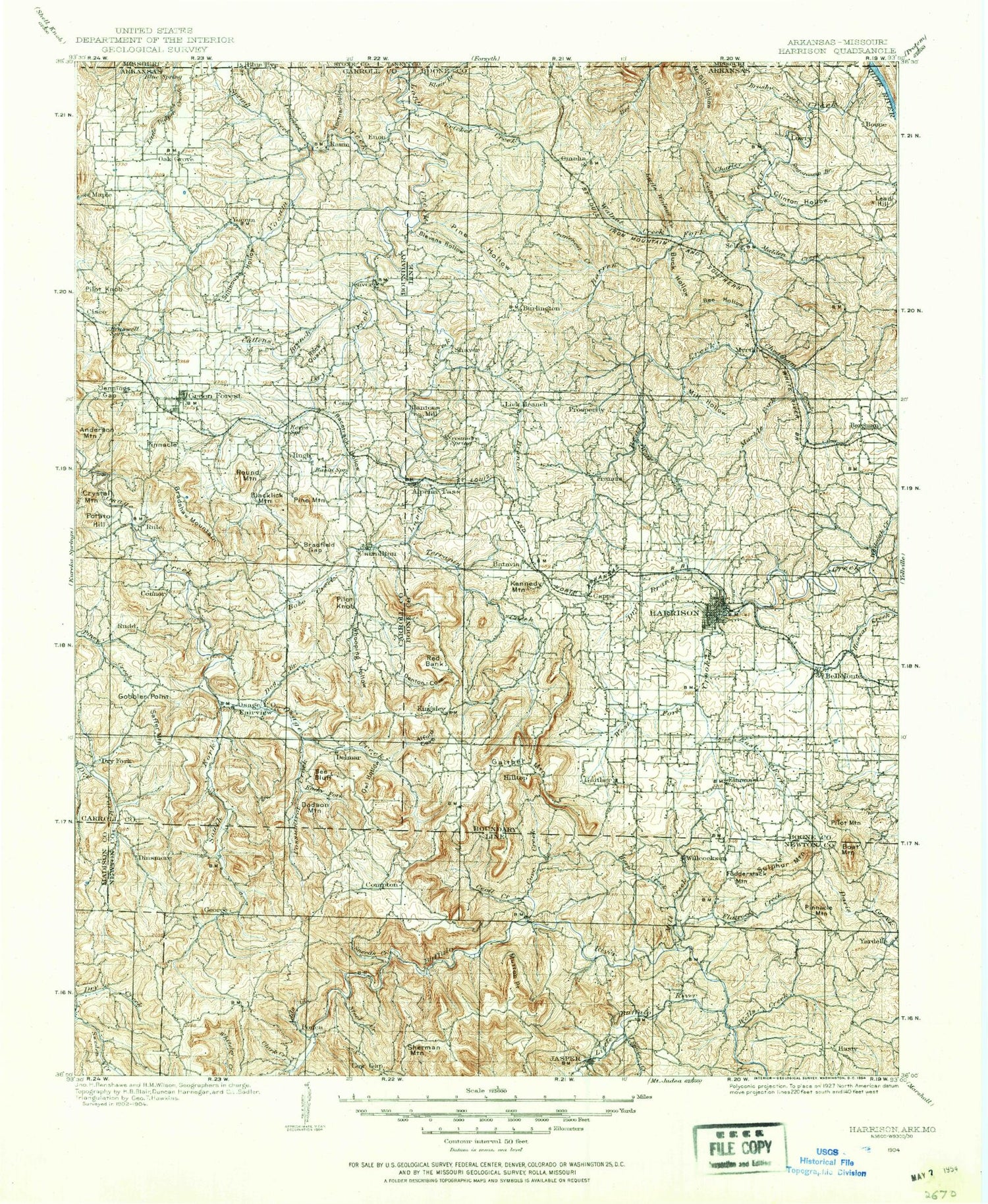 Historic 1904 Harrison Arkansas 30'x30' Topo Map Image