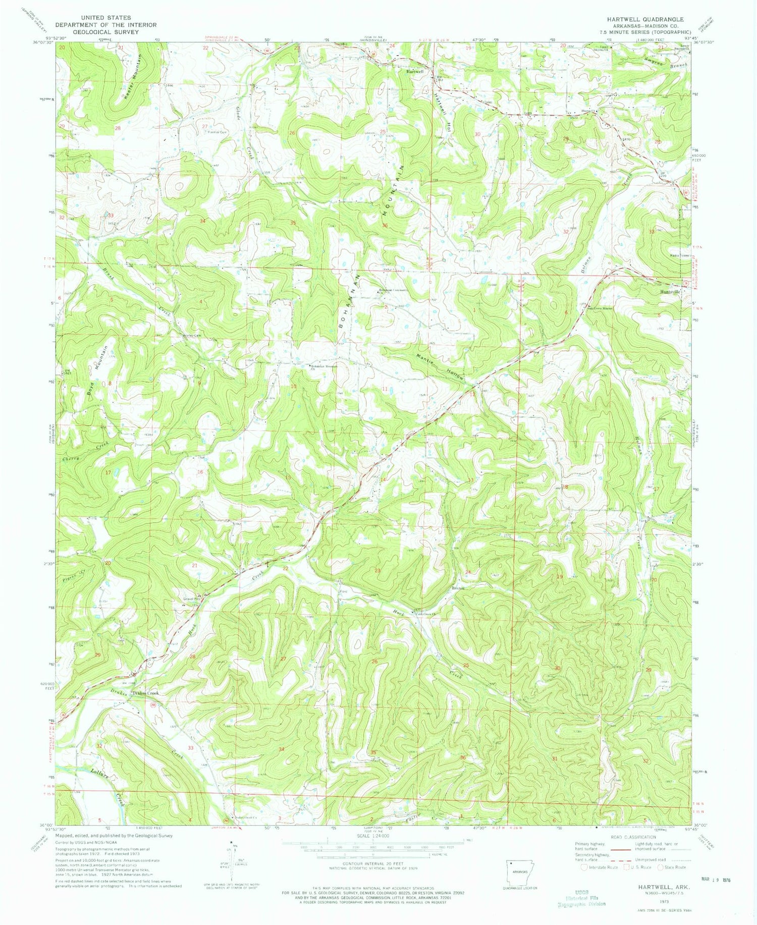 Classic USGS Hartwell Arkansas 7.5'x7.5' Topo Map Image