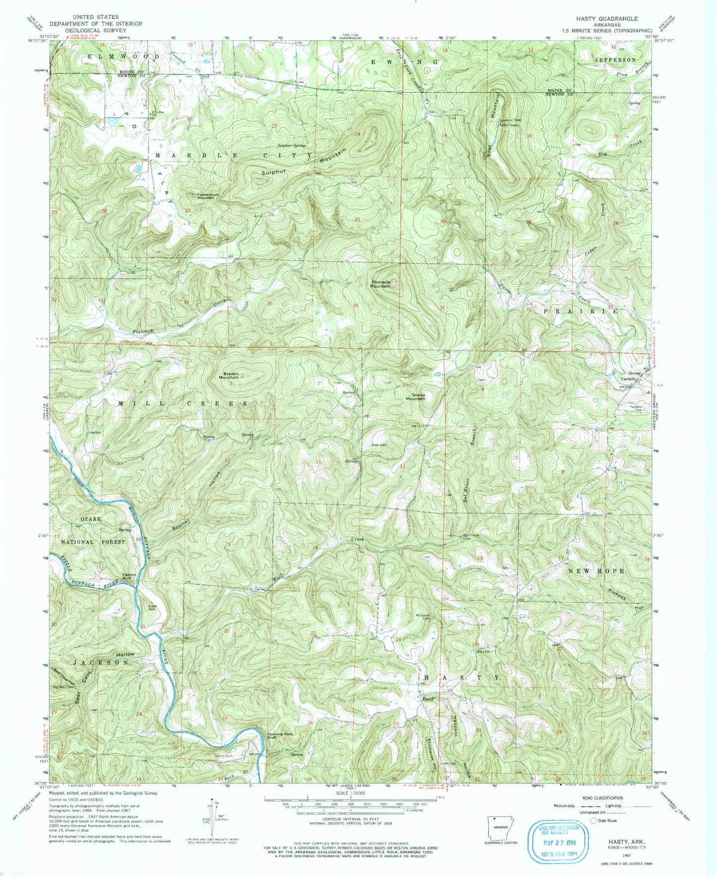 Classic USGS Hasty Arkansas 7.5'x7.5' Topo Map Image