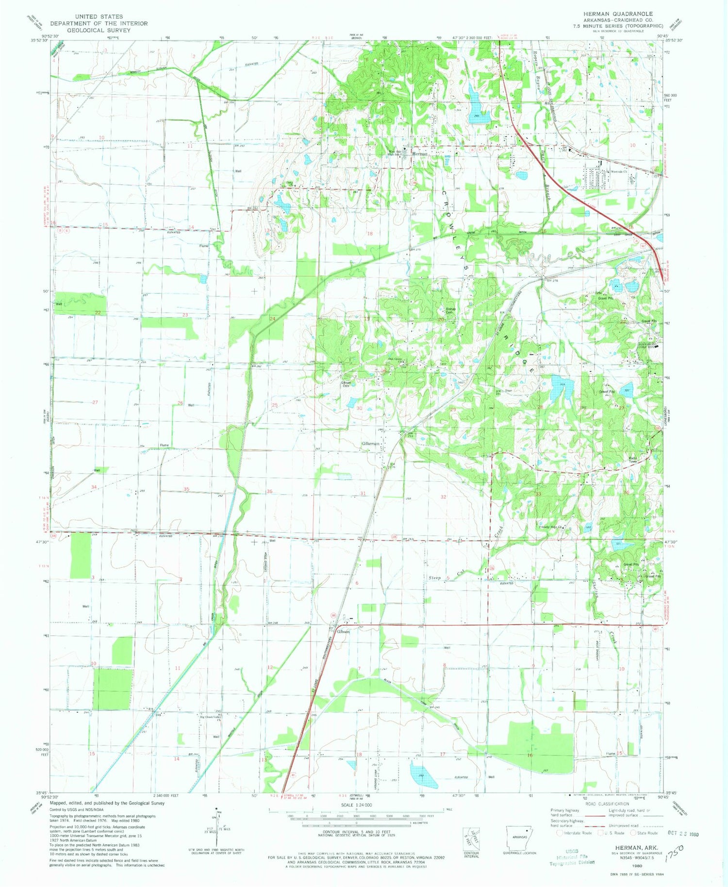 Classic USGS Herman Arkansas 7.5'x7.5' Topo Map Image