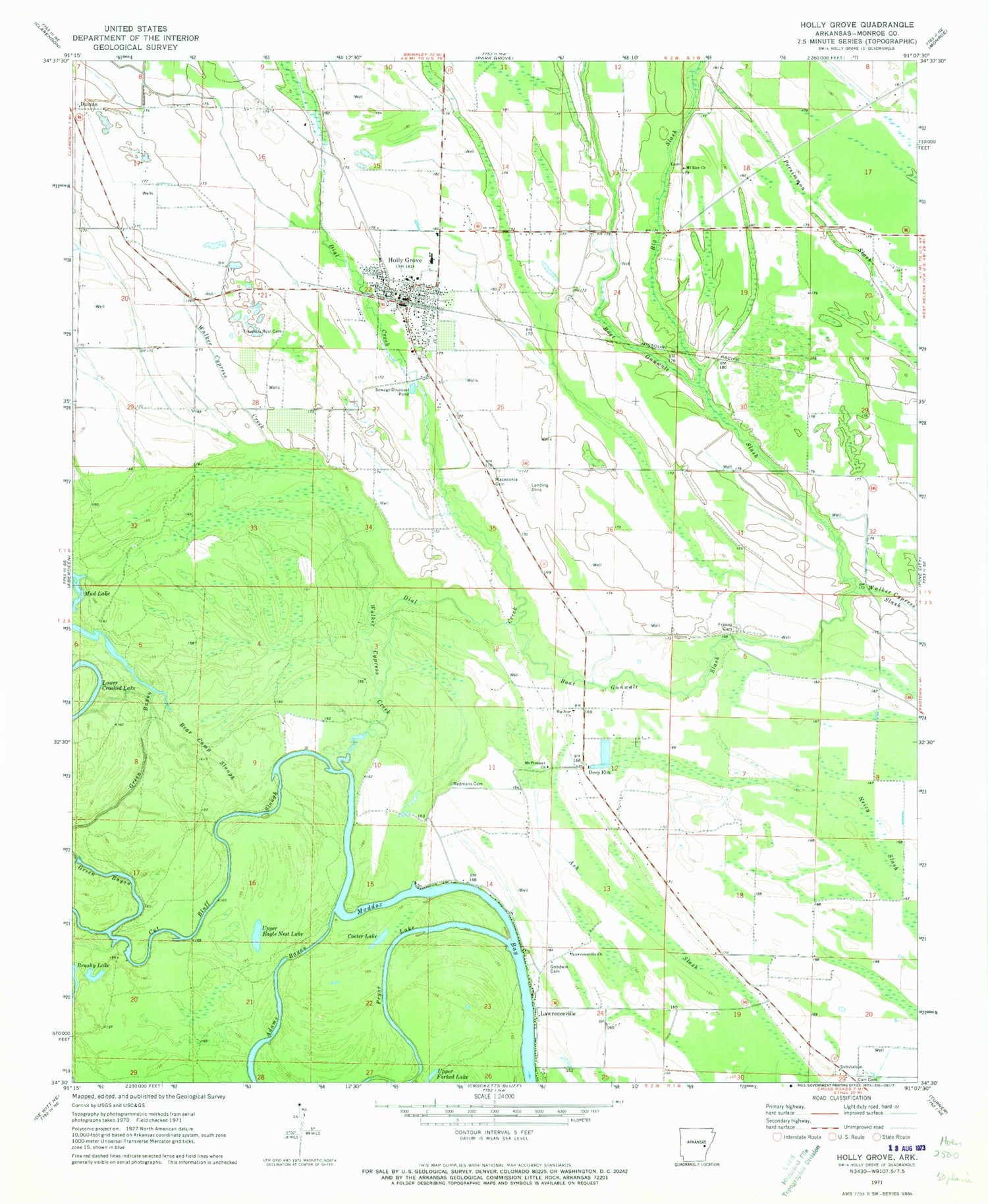 Classic USGS Holly Grove Arkansas 7.5'x7.5' Topo Map Image