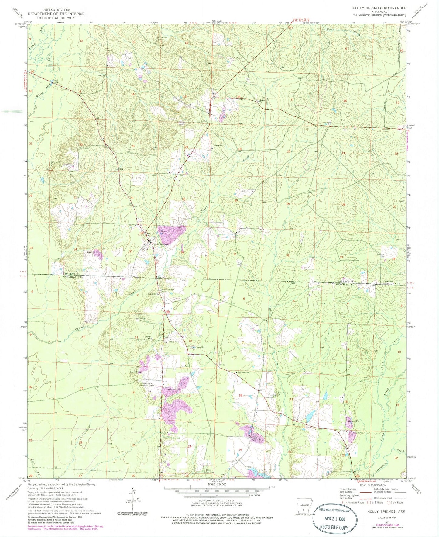 Classic USGS Holly Springs Arkansas 7.5'x7.5' Topo Map Image