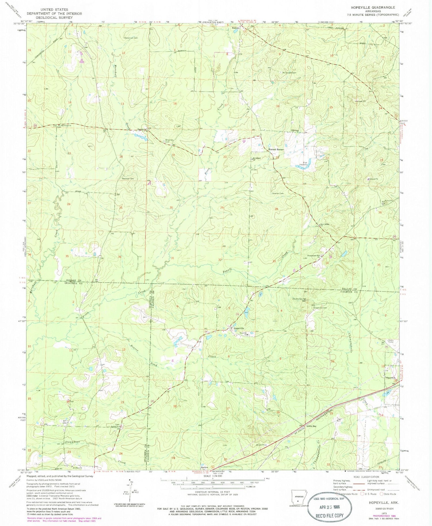 Classic USGS Hopeville Arkansas 7.5'x7.5' Topo Map Image