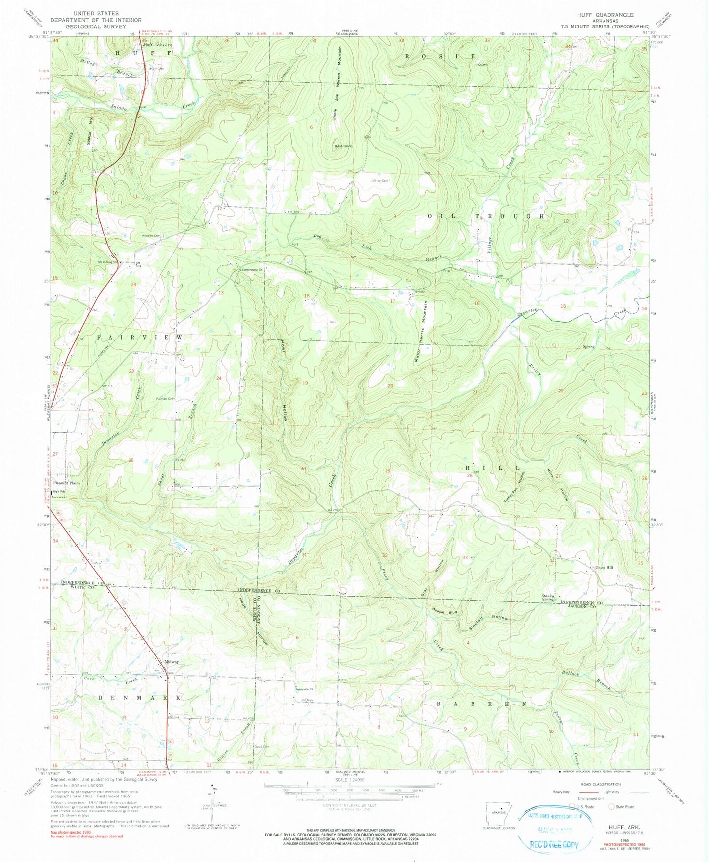 Classic USGS Huff Arkansas 7.5'x7.5' Topo Map Image