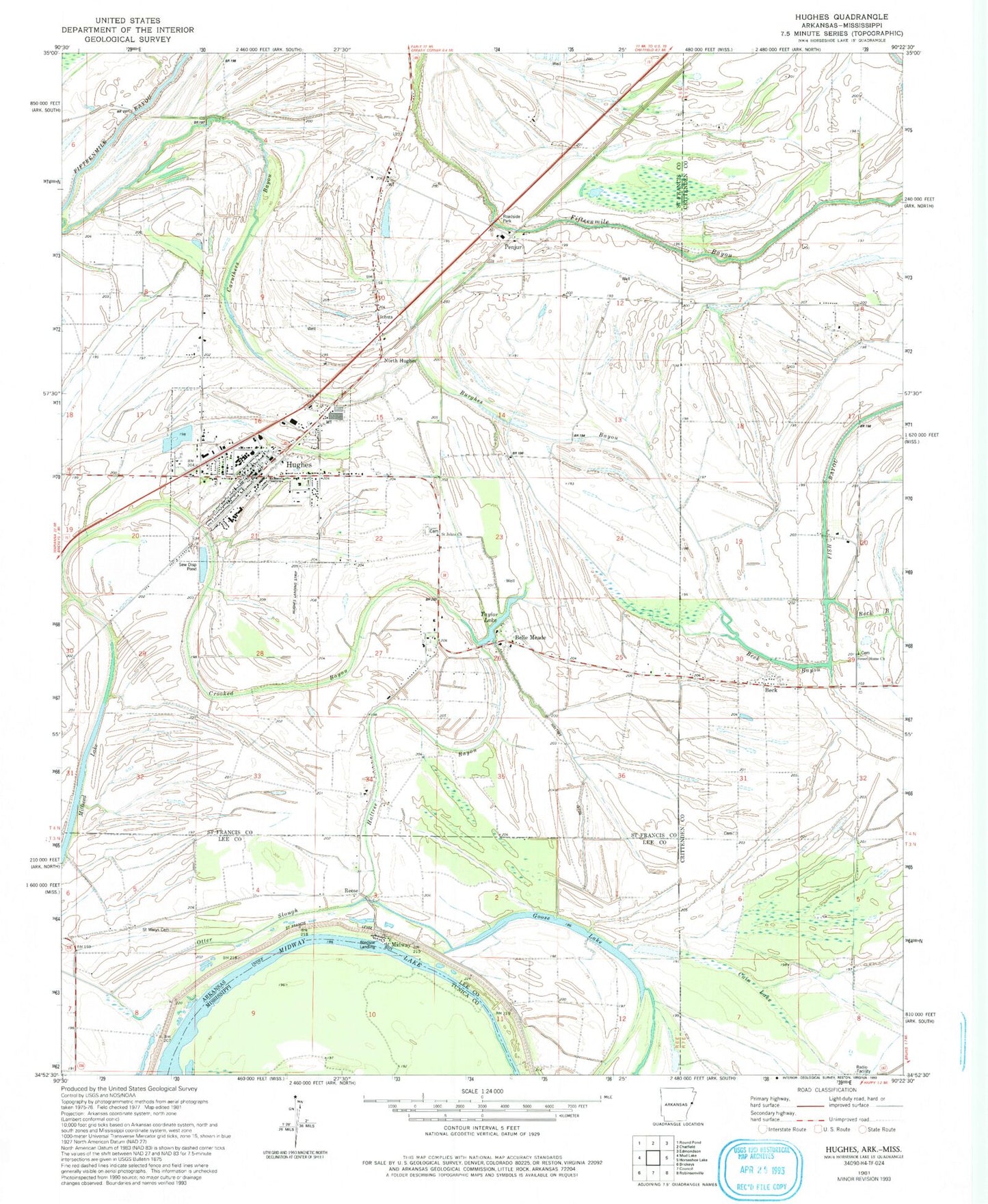 Classic USGS Hughes Arkansas 7.5'x7.5' Topo Map Image