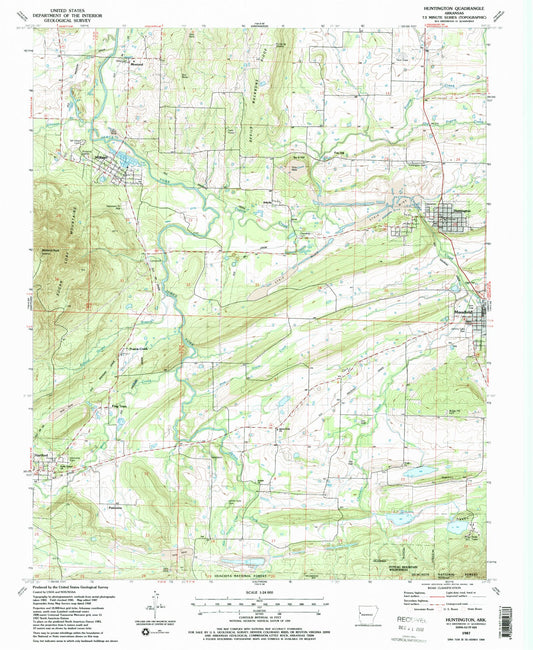 Classic USGS Huntington Arkansas 7.5'x7.5' Topo Map Image