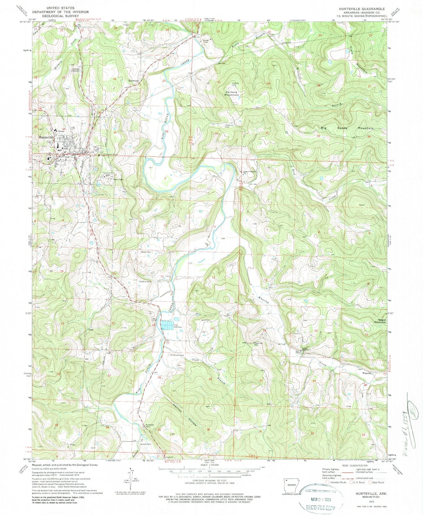 Classic USGS Huntsville Arkansas 7.5'x7.5' Topo Map Image