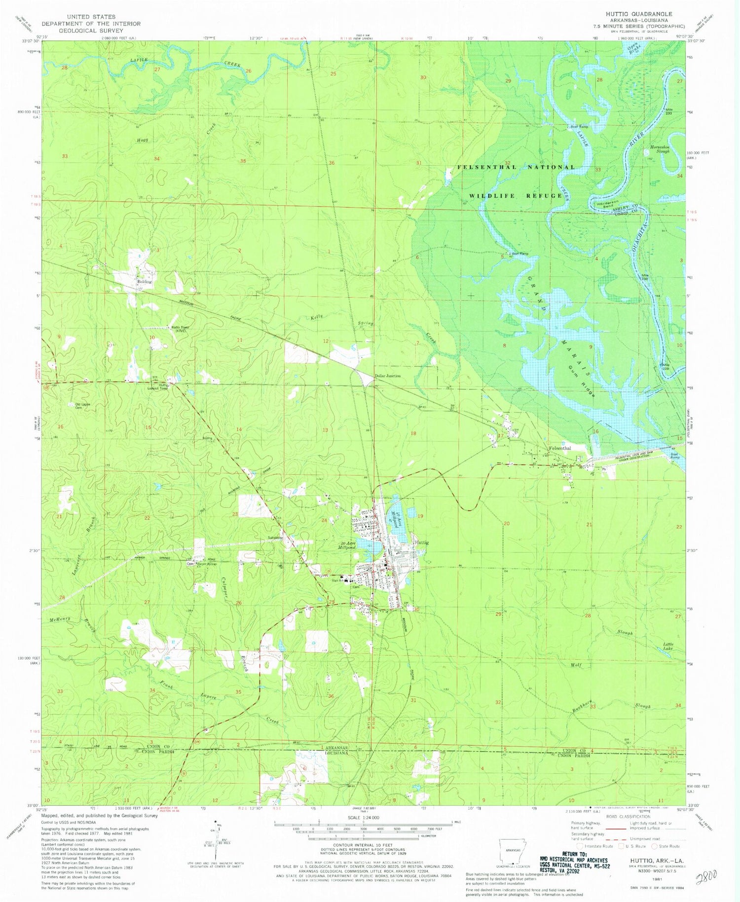 Classic USGS Huttig Arkansas 7.5'x7.5' Topo Map Image