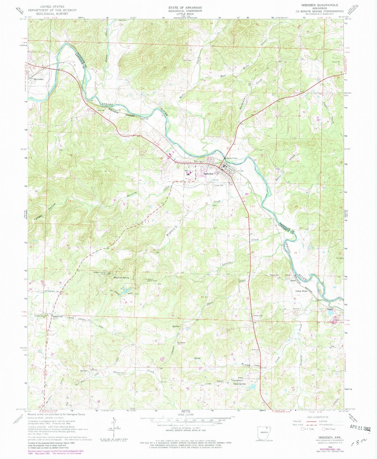 Classic USGS Imboden Arkansas 7.5'x7.5' Topo Map Image