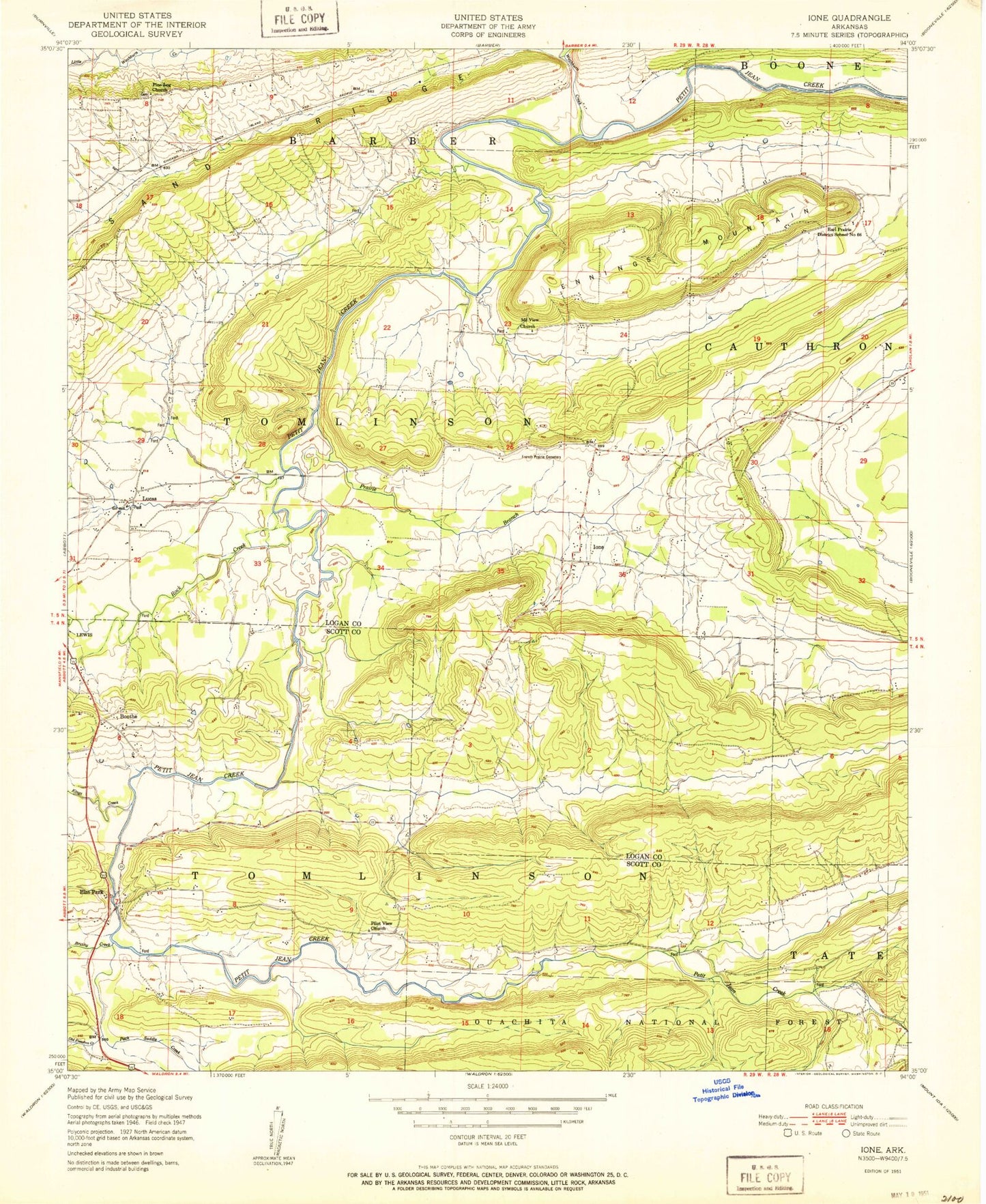 Classic USGS Ione Arkansas 7.5'x7.5' Topo Map Image