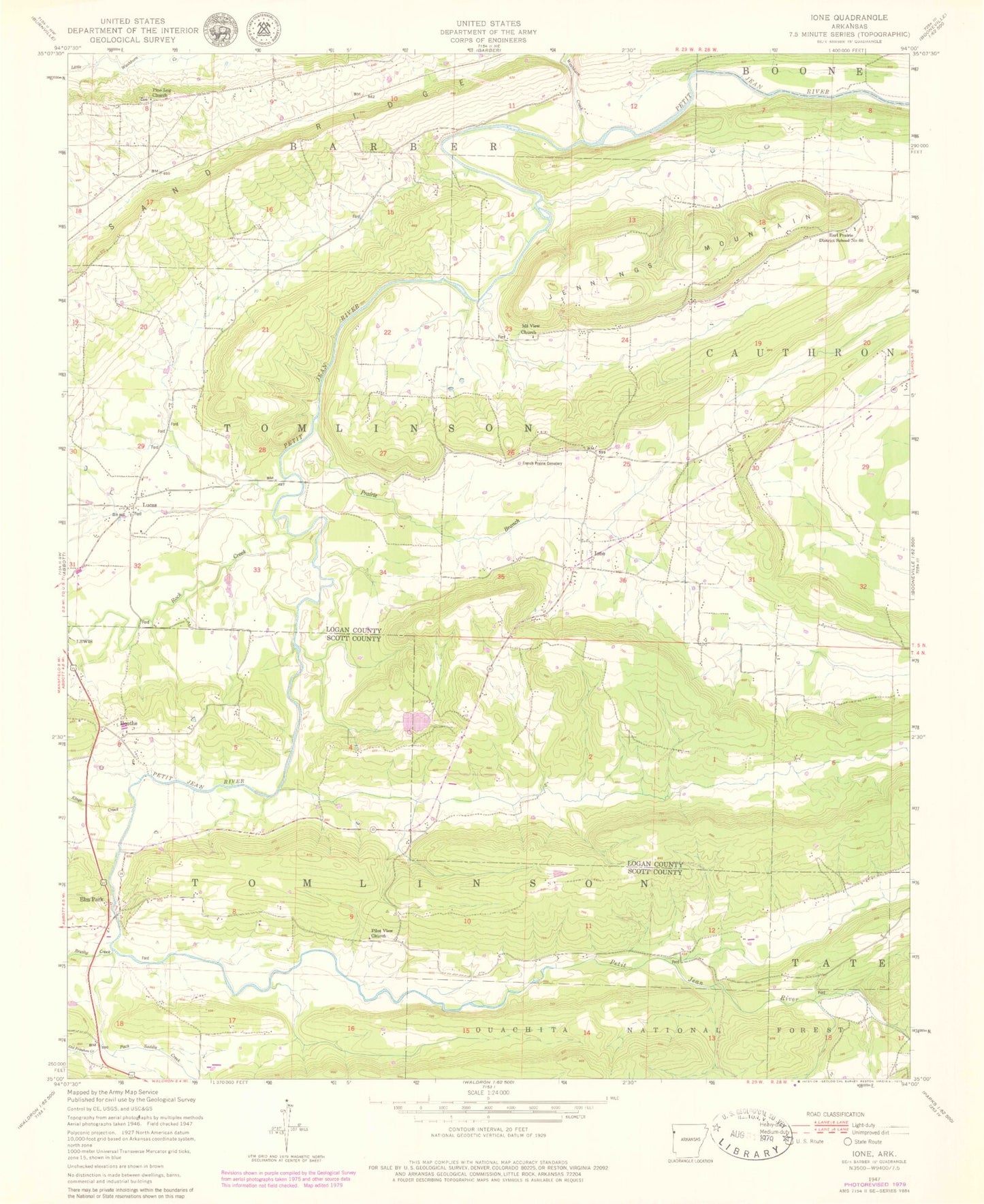Classic USGS Ione Arkansas 7.5'x7.5' Topo Map Image