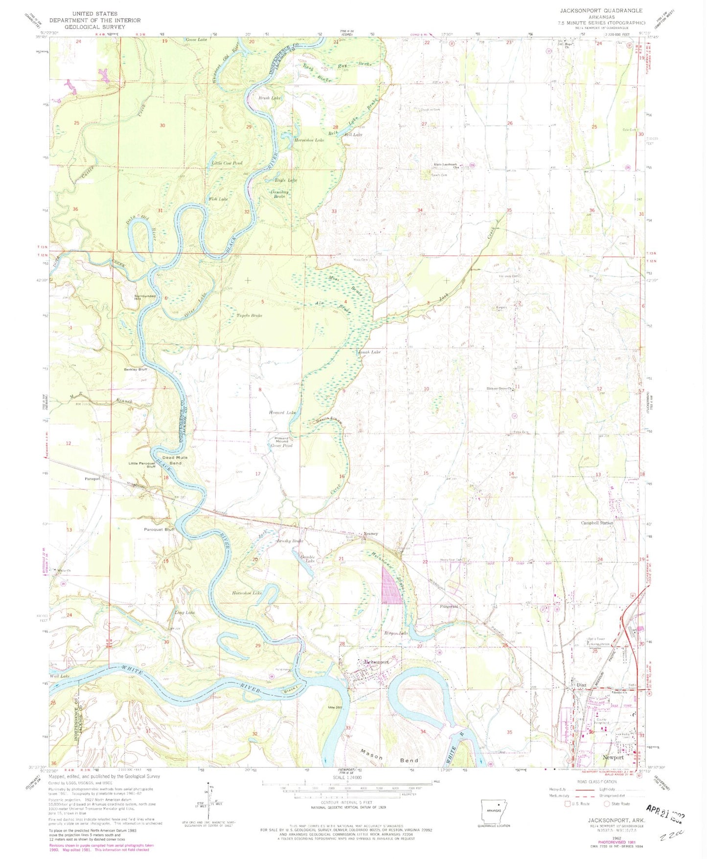 Classic USGS Jacksonport Arkansas 7.5'x7.5' Topo Map Image