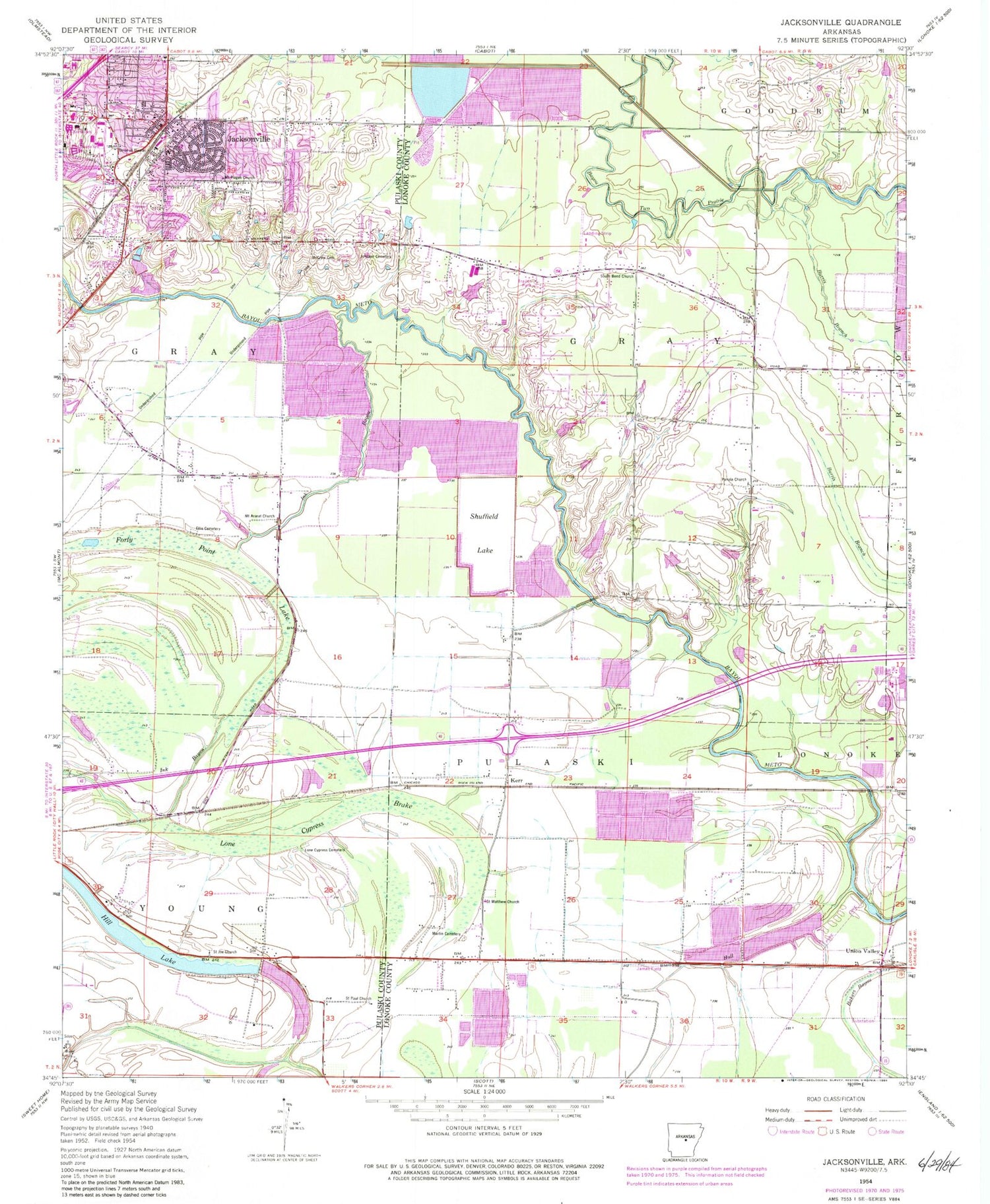 Classic USGS Jacksonville Arkansas 7.5'x7.5' Topo Map Image