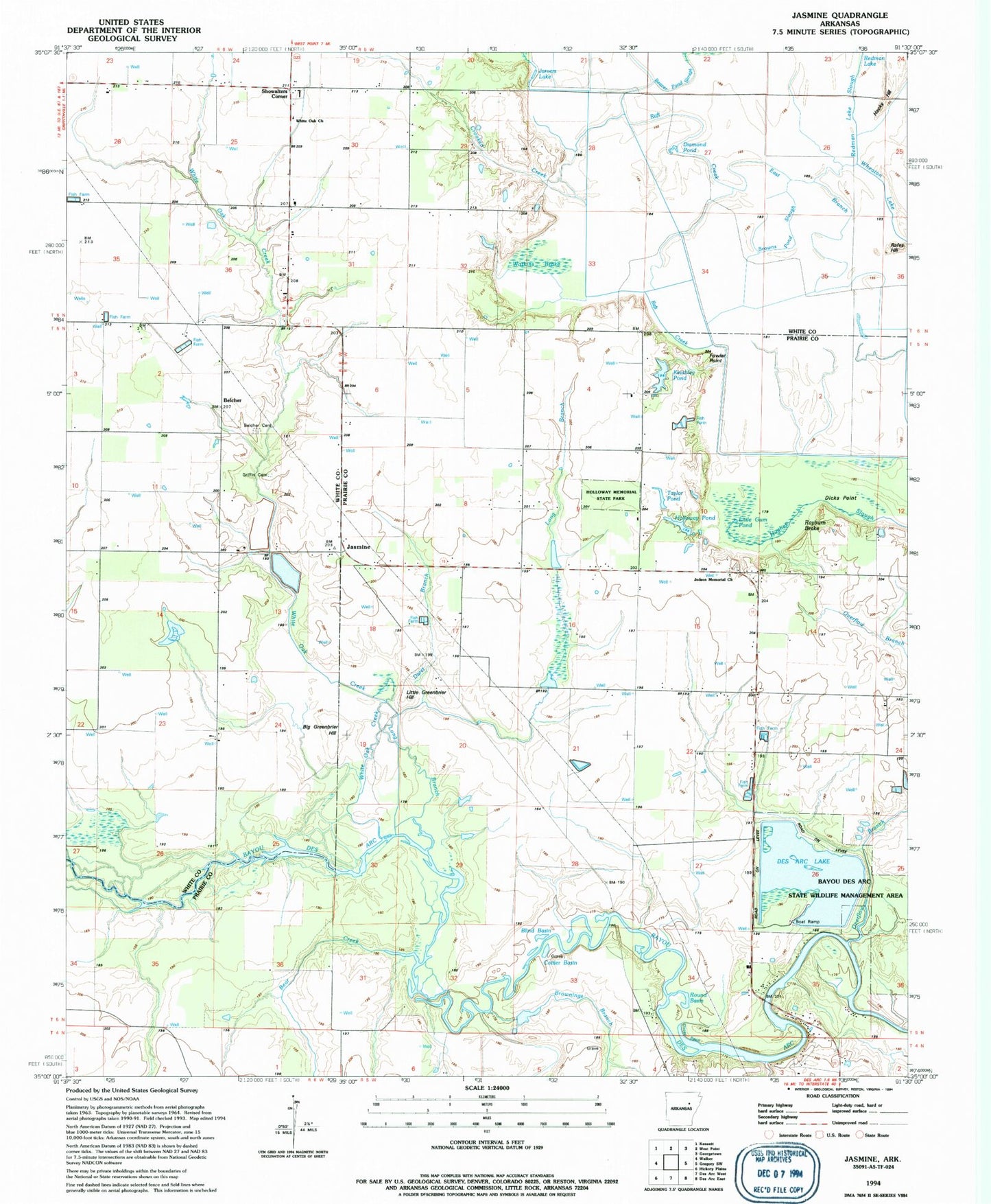 Classic USGS Jasmine Arkansas 7.5'x7.5' Topo Map Image