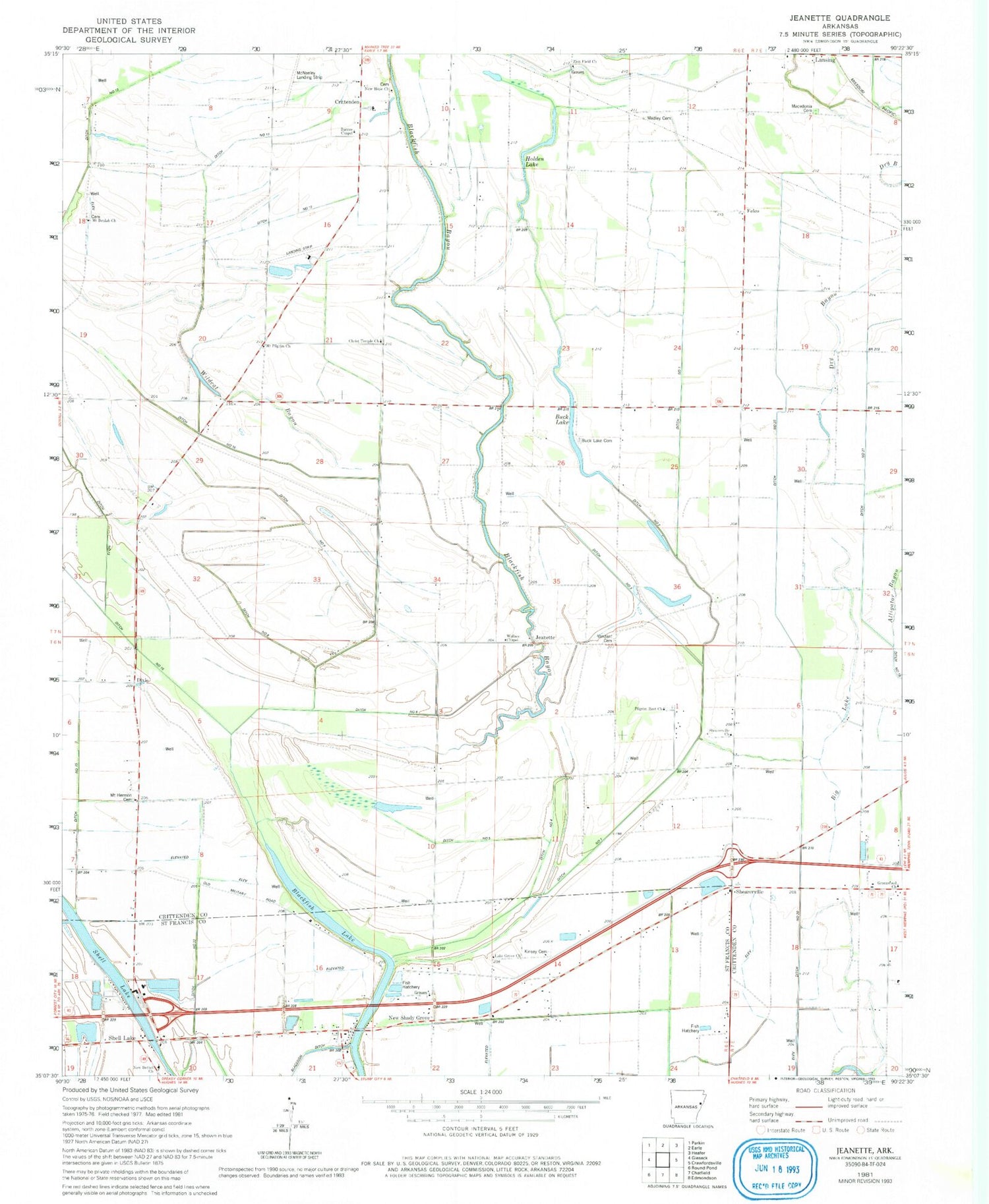 Classic USGS Jeanette Arkansas 7.5'x7.5' Topo Map Image