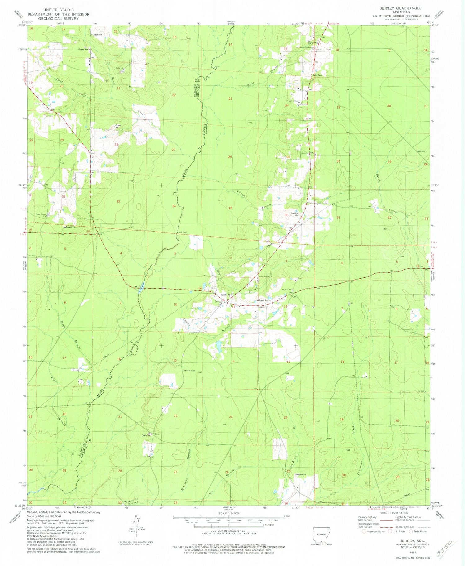 Classic USGS Jersey Arkansas 7.5'x7.5' Topo Map Image