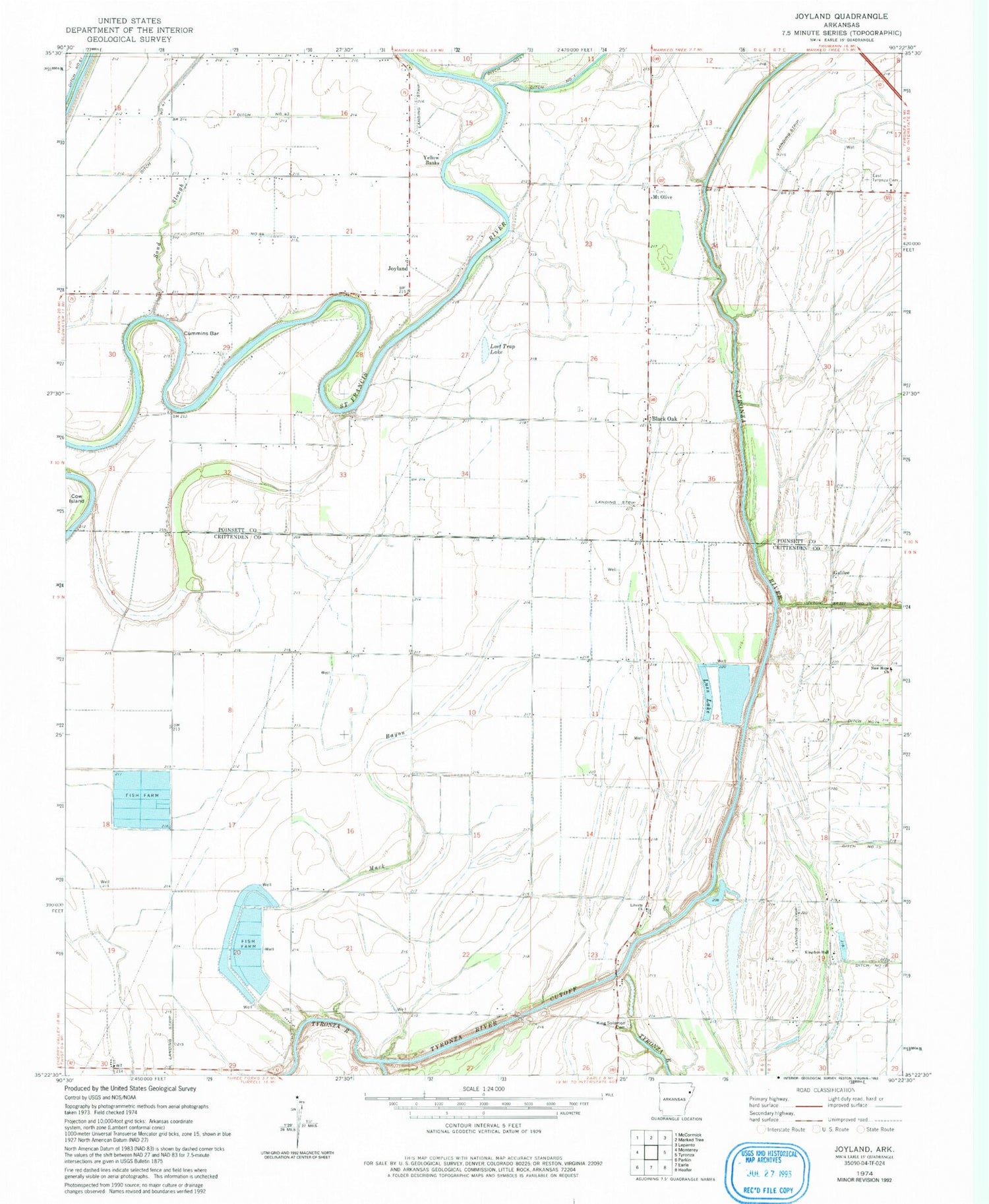 Classic USGS Joyland Arkansas 7.5'x7.5' Topo Map Image