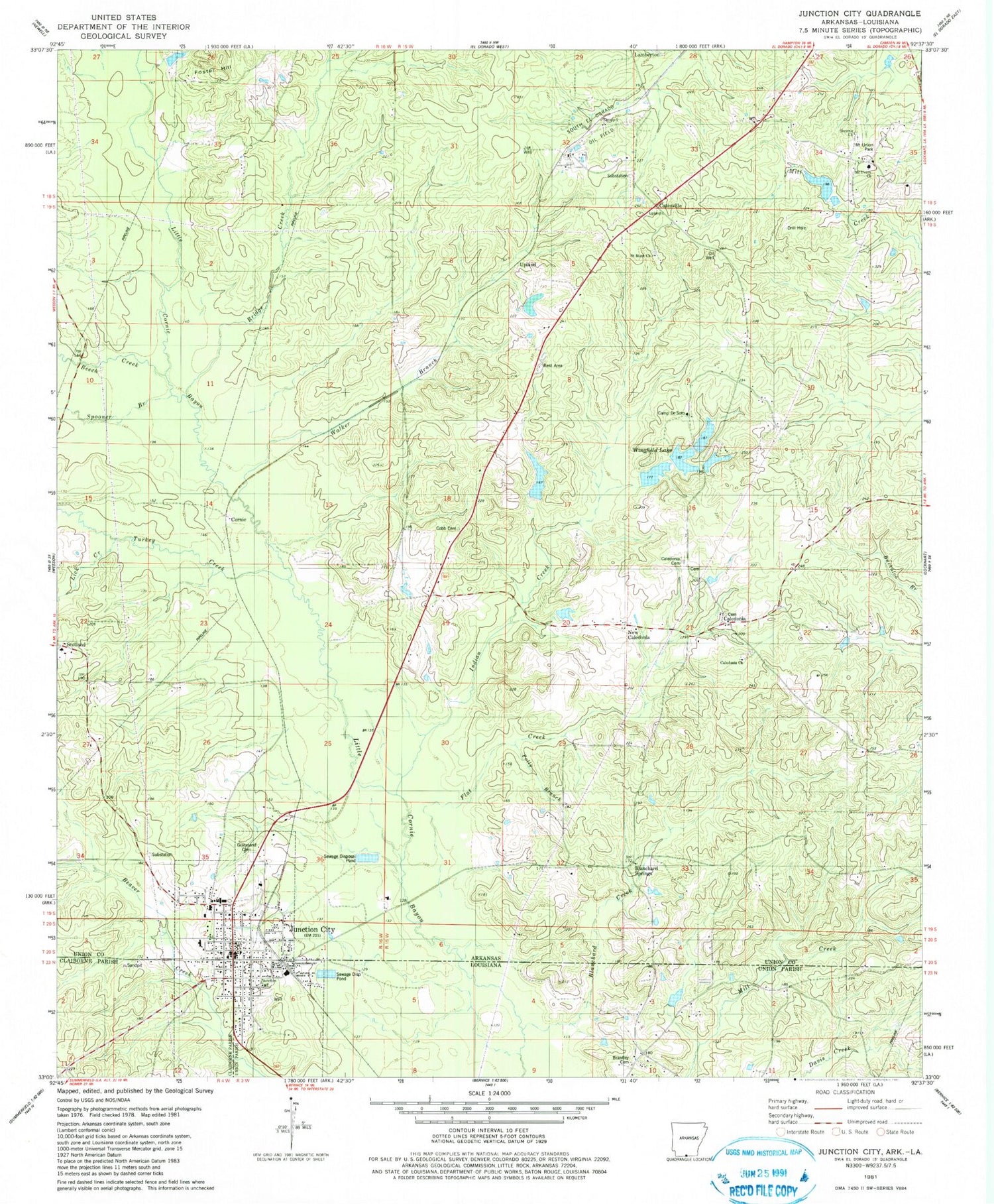 Classic USGS Junction City Arkansas 7.5'x7.5' Topo Map Image