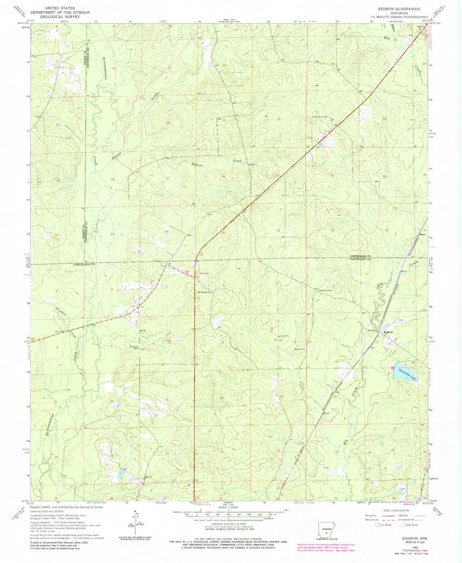 Classic USGS Kedron Arkansas 7.5'x7.5' Topo Map Image