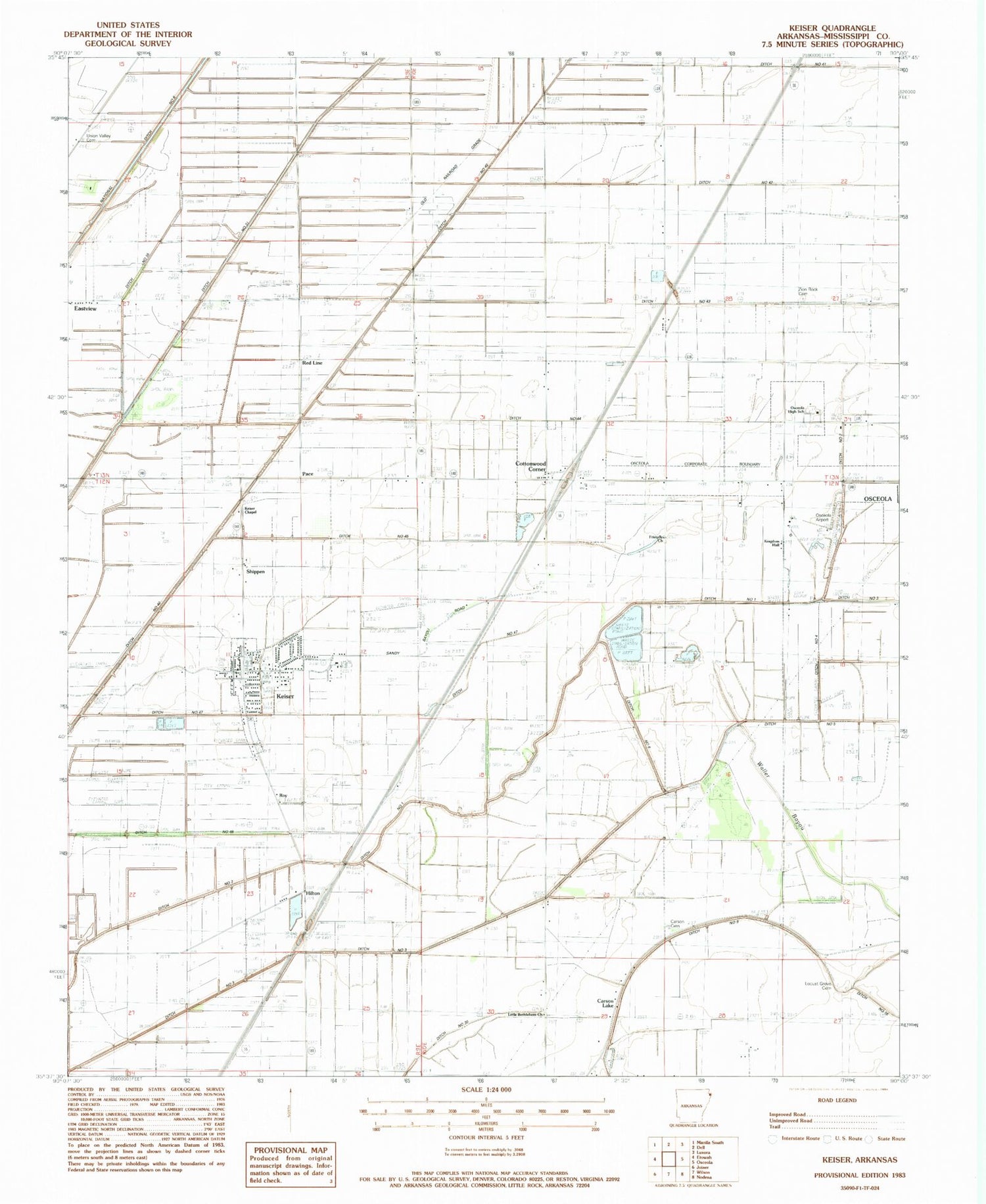 Classic USGS Keiser Arkansas 7.5'x7.5' Topo Map Image