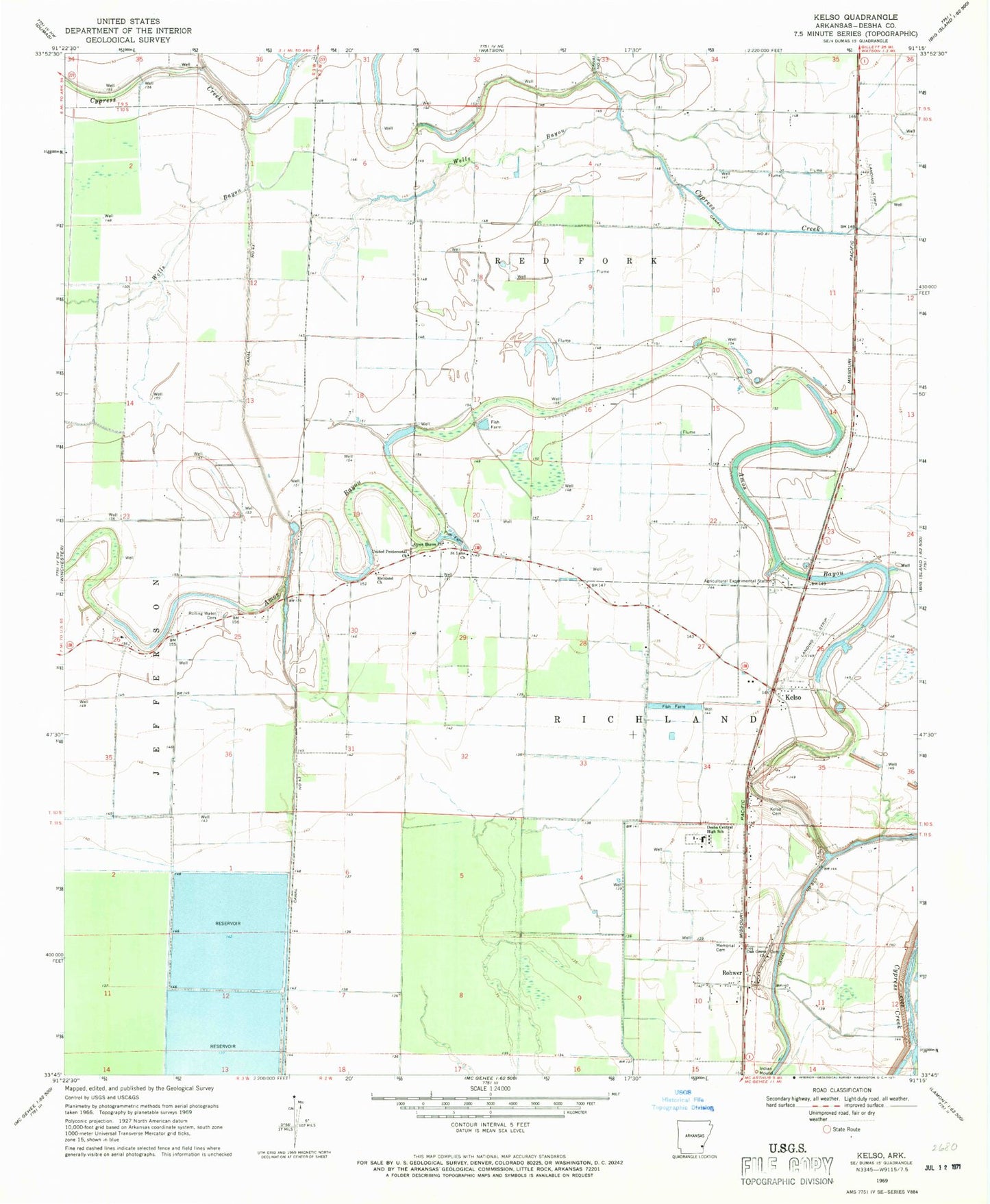 Classic USGS Kelso Arkansas 7.5'x7.5' Topo Map Image