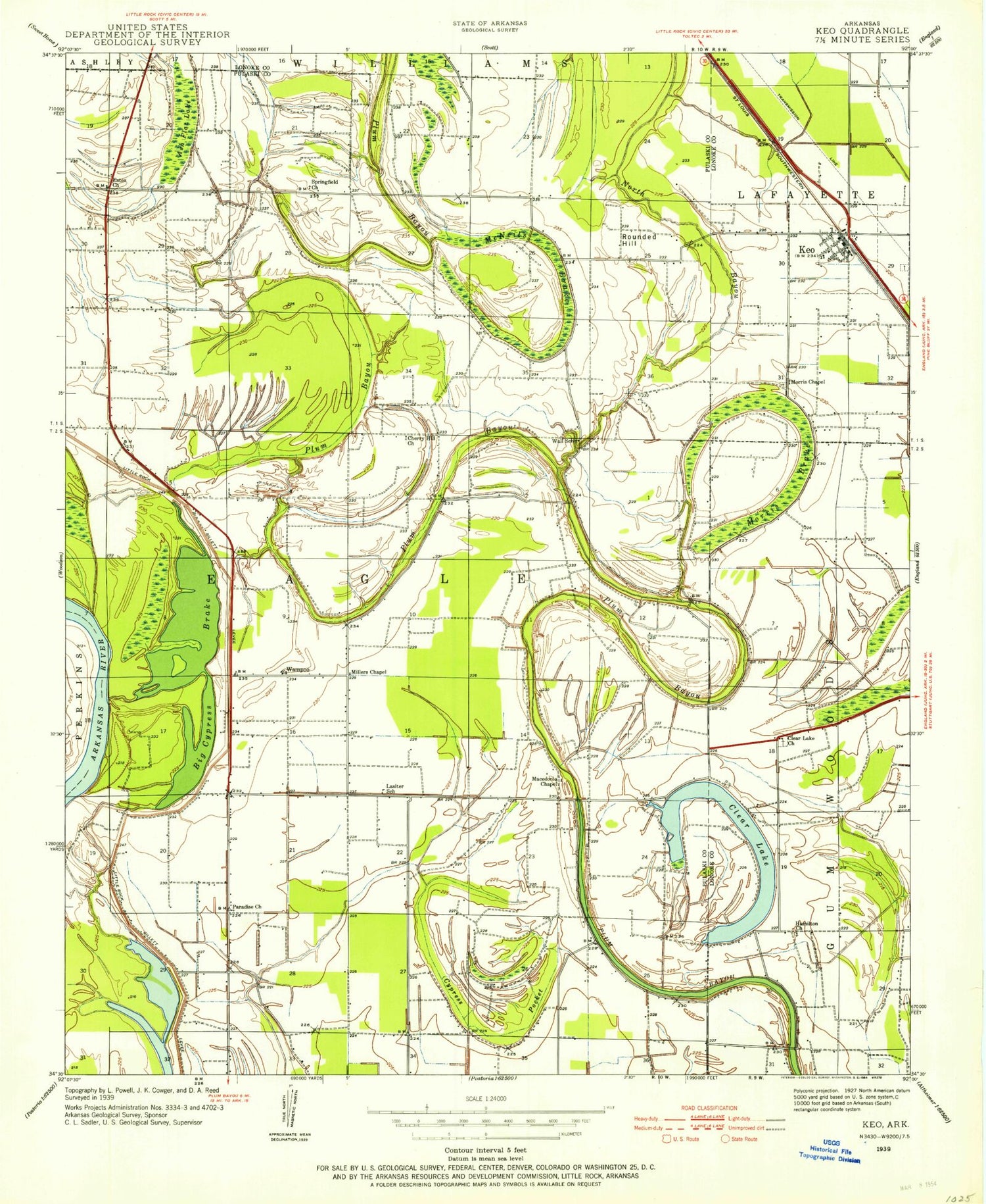 Classic USGS Keo Arkansas 7.5'x7.5' Topo Map Image