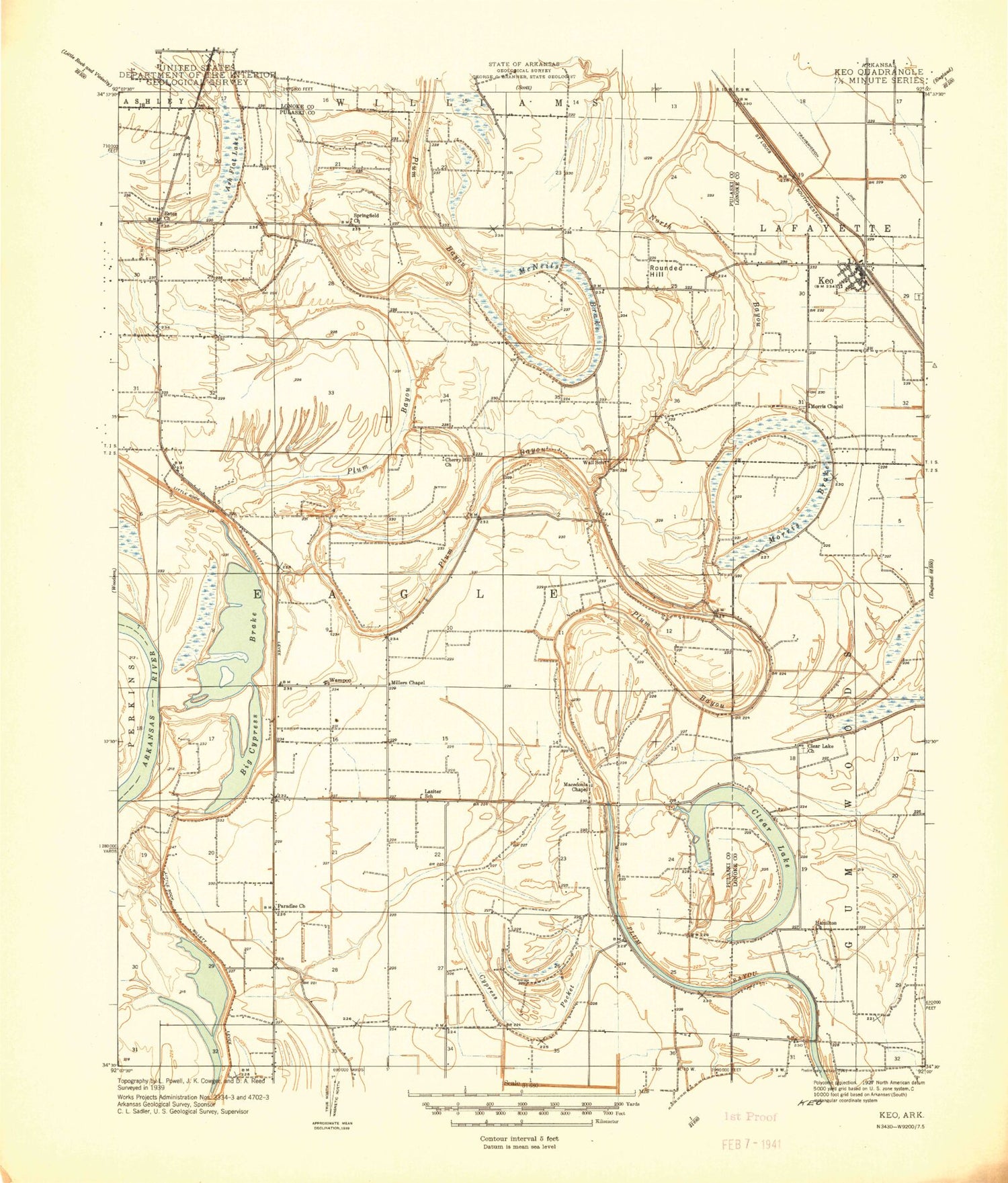 Classic USGS Keo Arkansas 7.5'x7.5' Topo Map Image