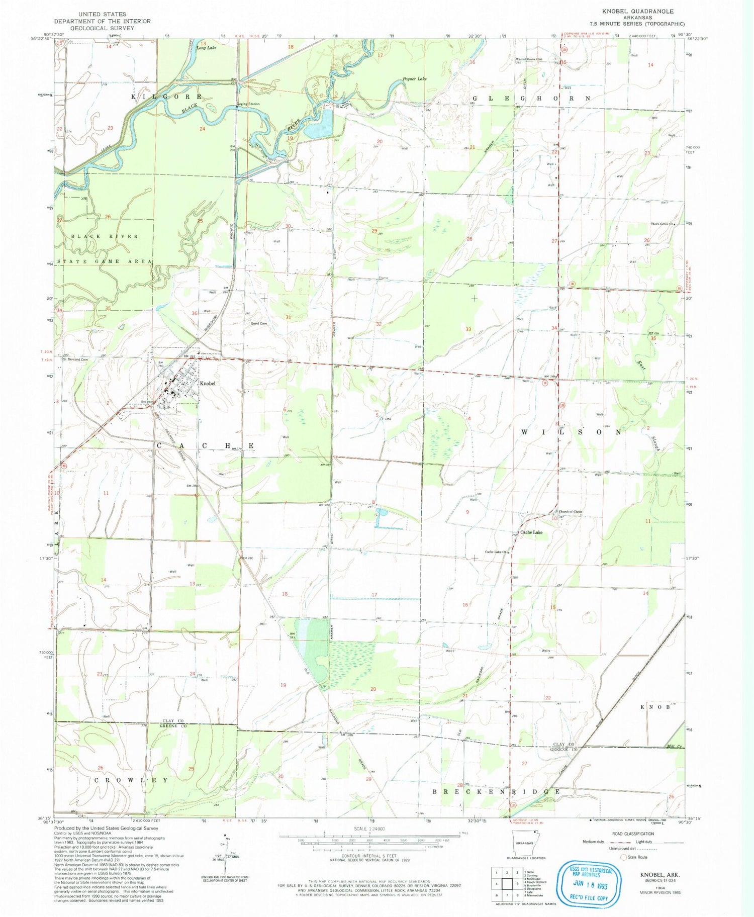Classic USGS Knobel Arkansas 7.5'x7.5' Topo Map Image