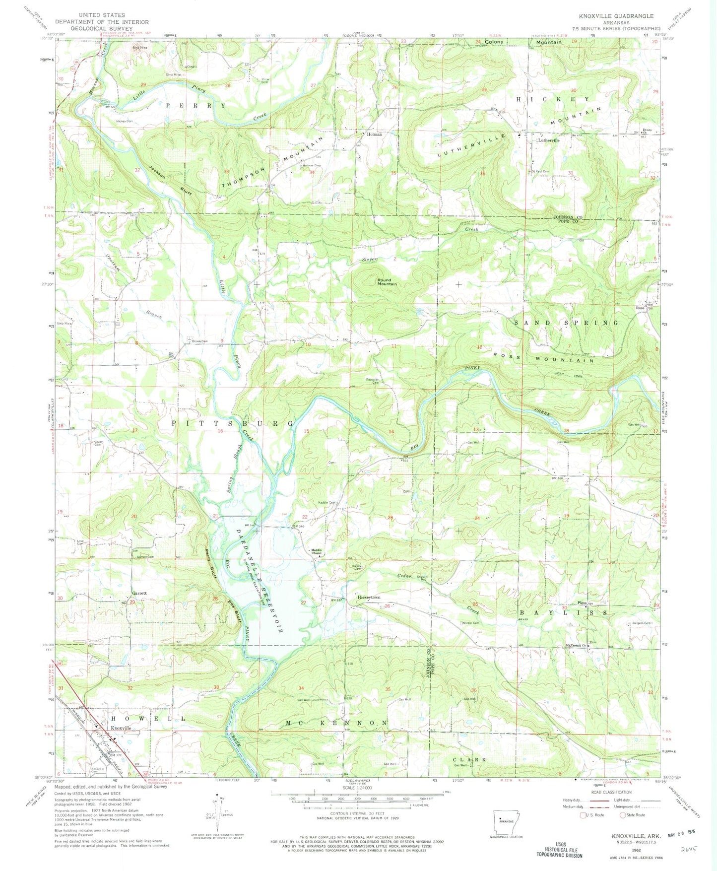Classic USGS Knoxville Arkansas 7.5'x7.5' Topo Map Image